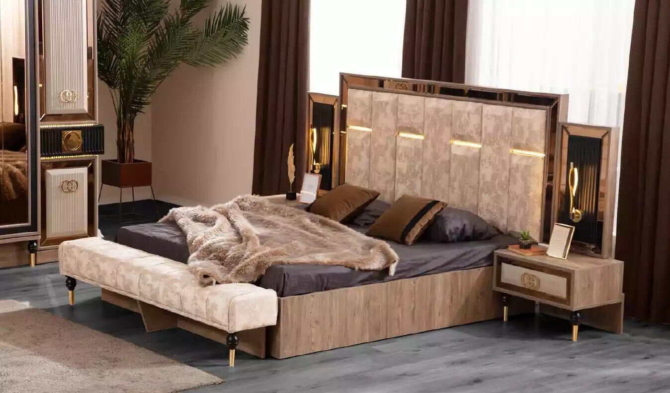 Doppelbett Bett Schlafzimmer-Set JVmoebel Luxus Stoff, Set Made Schlafzimmermöbel Europa in Komplette Beige Bett/2x (6-St., Nachttische/Schminktisch/Bodenspiegel/Kommode),