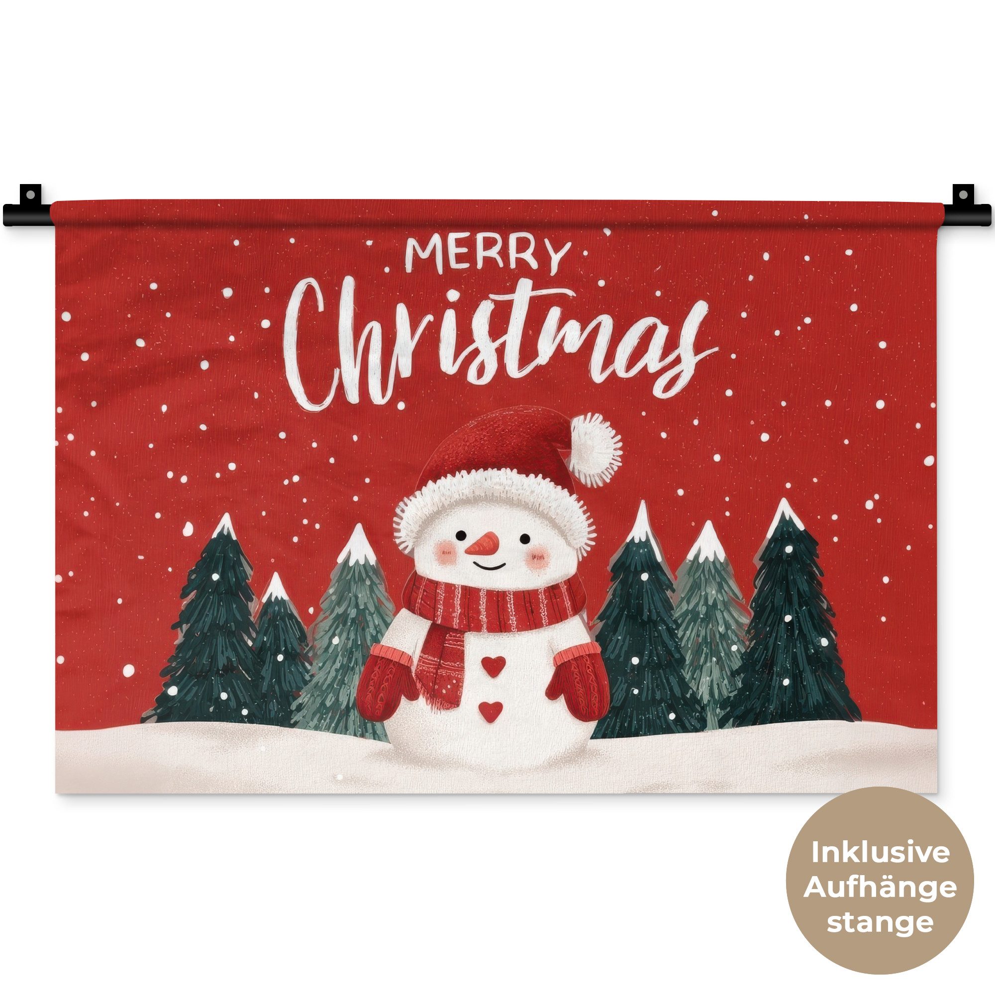 MuchoWow Wandteppich Weihnachtsgruß - Schnee - Rot, Rechteckig, Höhe: 3 mm, Wandteppich für Wohnzimmer, Schlafzimmer, 60x40 cm