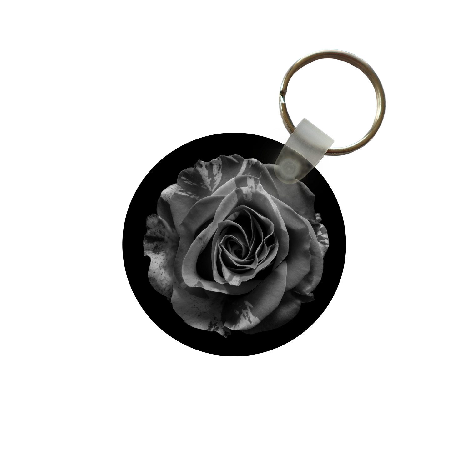 MuchoWow Schlüsselanhänger Blumen - Rose - Schwarz - Weiß - Botanisch, Rund, Geschenk für Damen / Herren / Kinder mit Schlüsselring, 5x5 cm