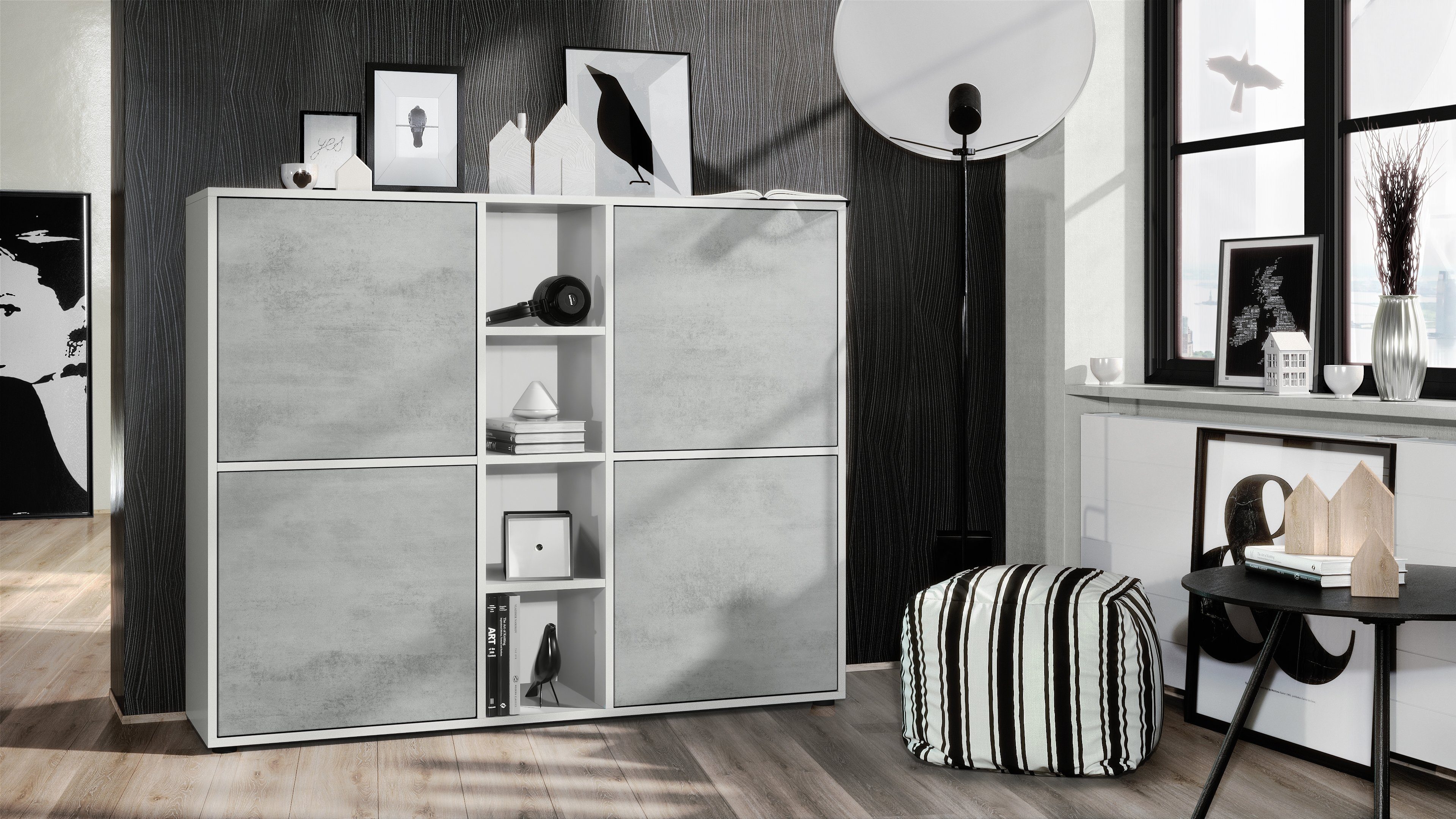Vladon Highboard Cuba V3 (Highboard, Schrank Anrichte Cuba V3 mit 12 Fächern), Korpus in Weiß matt / in Beton Oxid Optik (130,5x105,5x35,5 cm)
