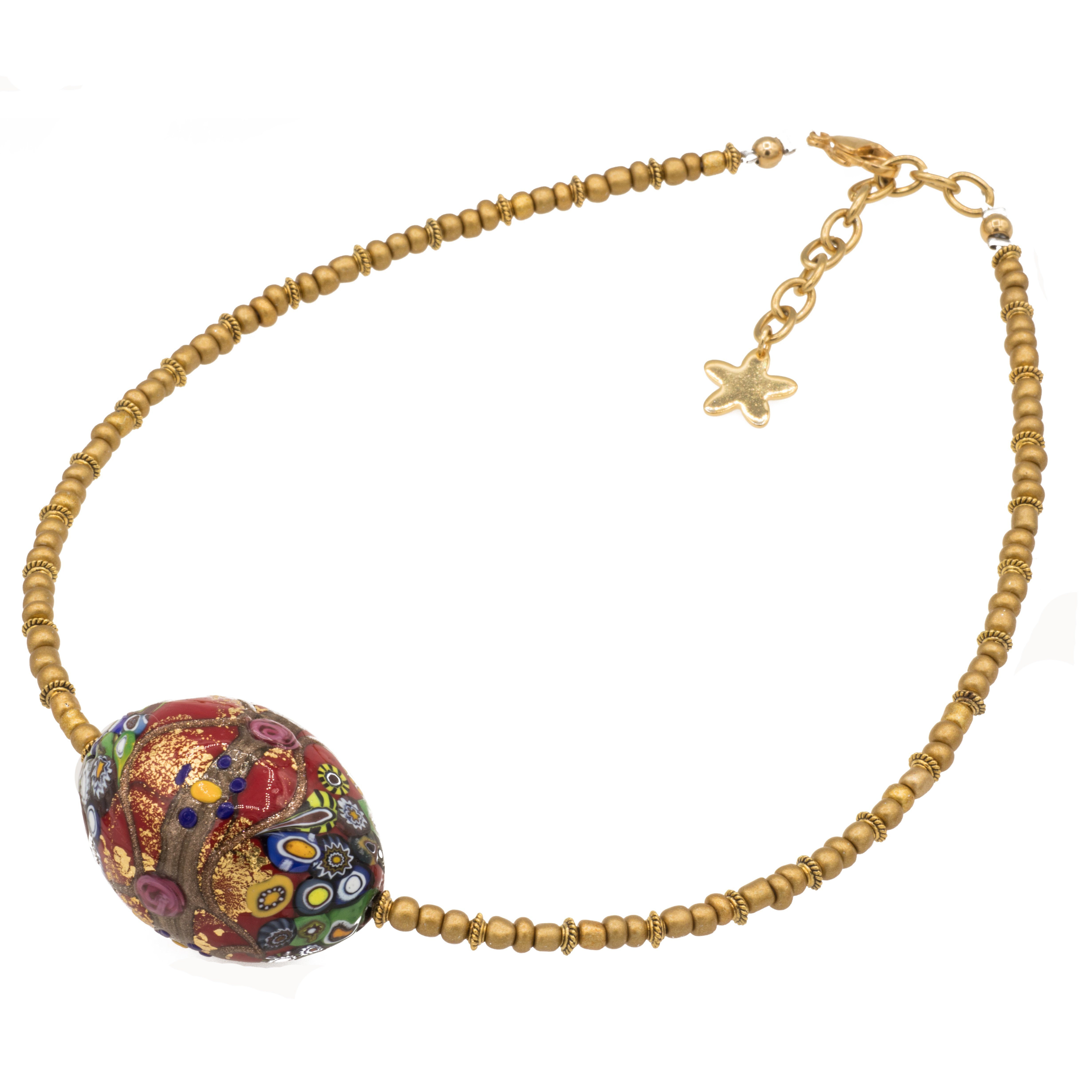 Perlenkette Kette mit einer großen Murano Glas Mosaik Perle, rot gold