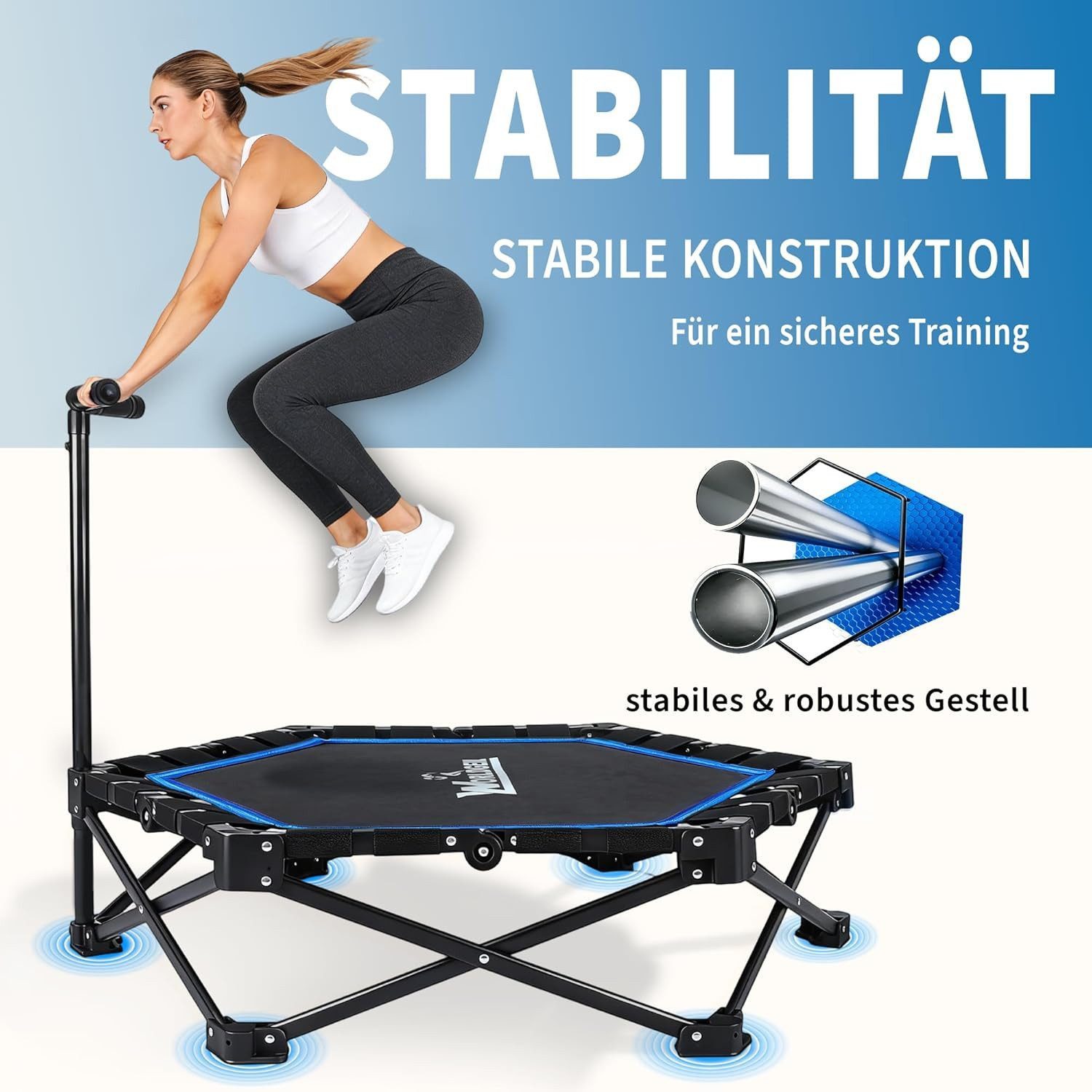 Nettlife Fitnesstrampolin klappbar Mini Trampolin höhenverstellbarem Griff bis 150 kg, Indoor Trampolin für Erwachsene & Kinder Sportgeräte für Zuhause
