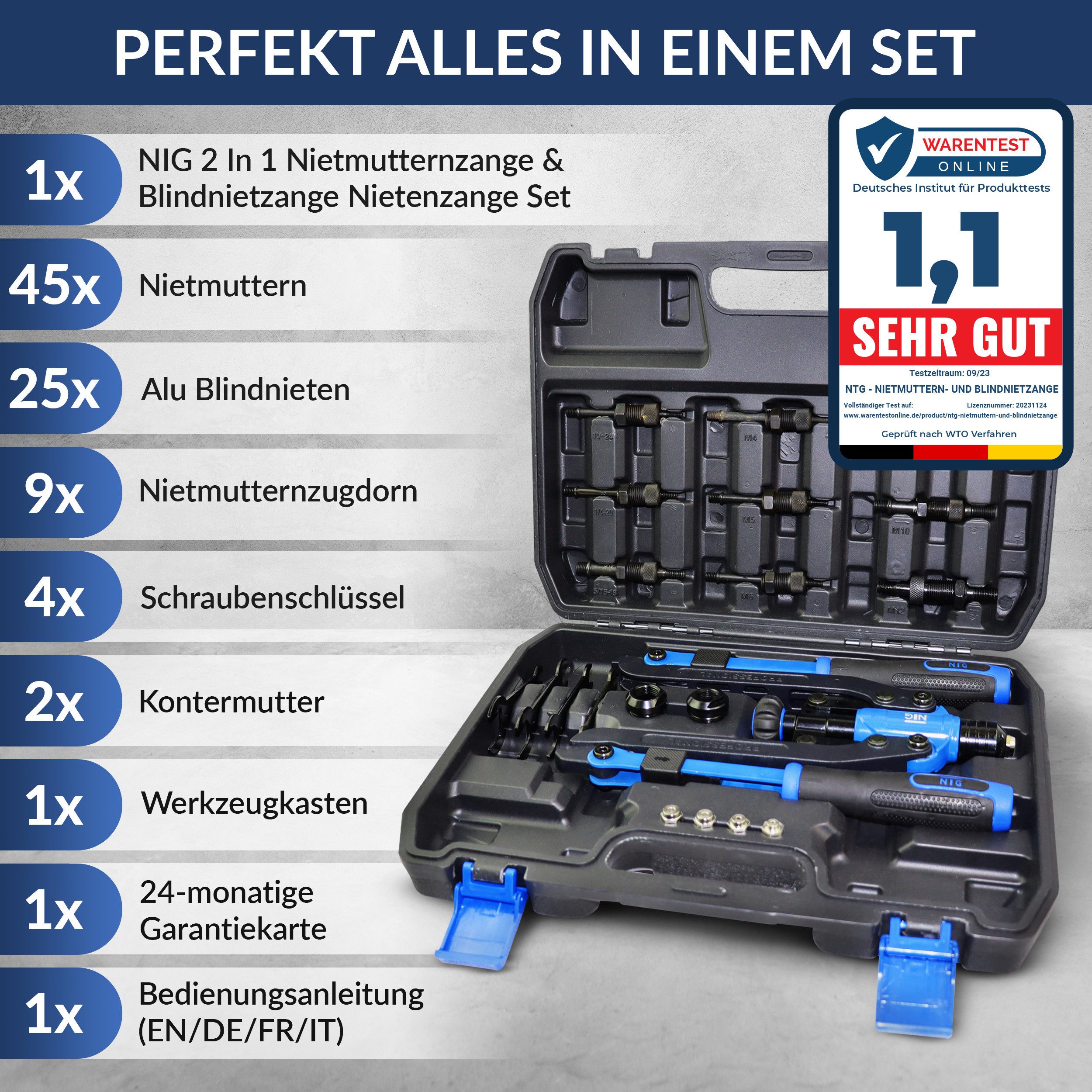 NTG Nutzfahrzeug Technik GmbH Blindnietzange Nietmutternzange Set 2 In 1 Nietmutter 86 tlg. + Aufbewahrungskoffer – Bild 4 von 5