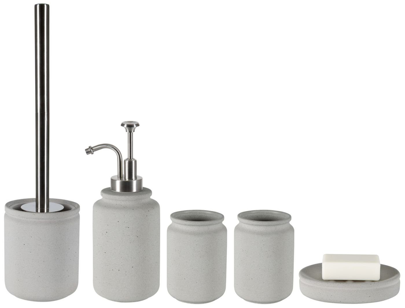 spirella Badaccessoires-Sets CEMENT, Zubehör-Set aus hochwertiger Keramik, grau, trendiger Zement-Look, 5 tlg., bestehend aus: WC-Bürste, Seifenspender, 2x Zahnputzbecher, Seifenschale, Keramik, angesagter Beton-Look