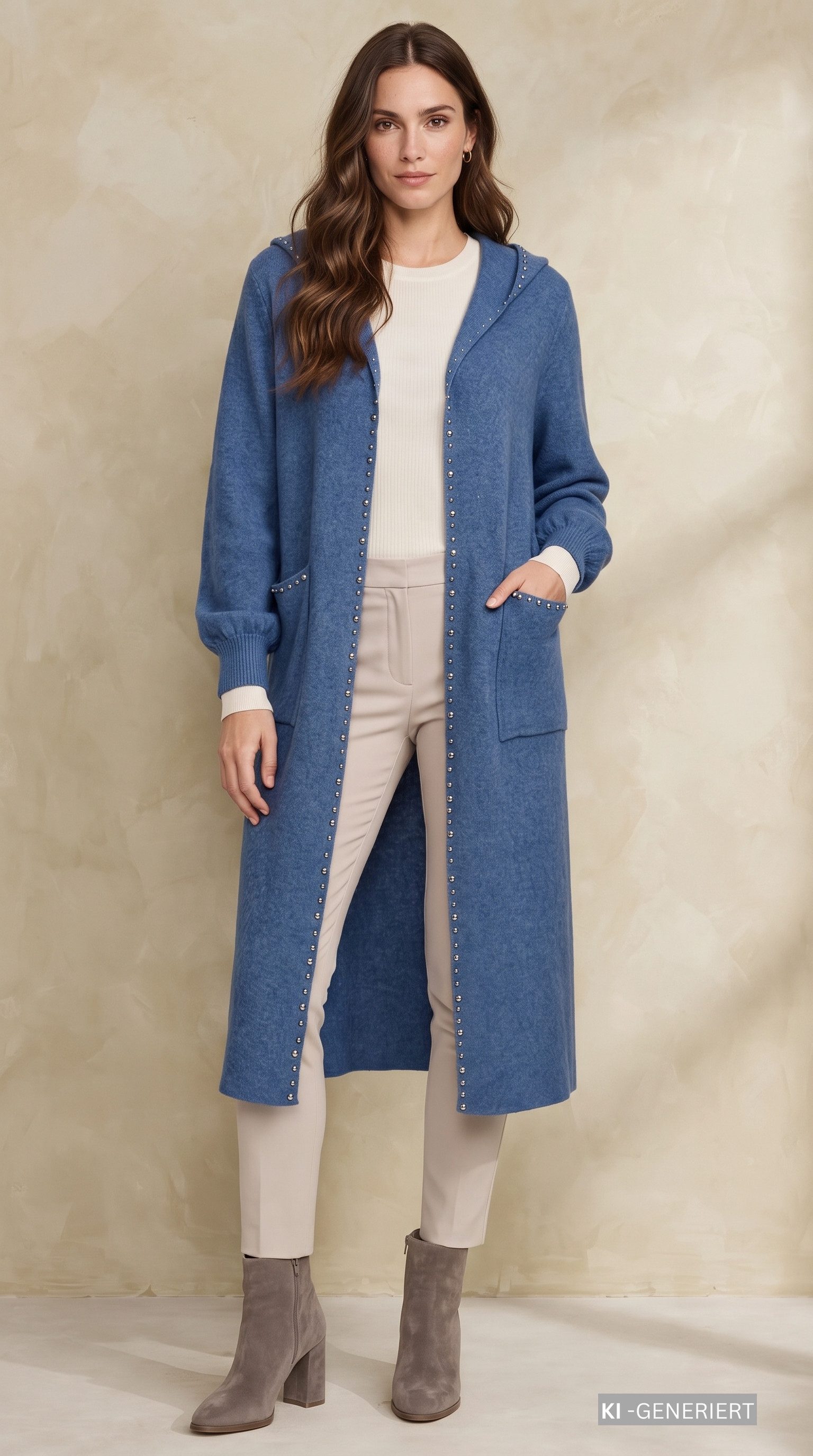 dy_mode Longstrickjacke Damen Strickmantel Langer Cardigan Strickjacke Strickcardigan Kapuze in Unifarbe, mit Kapuze und Ziernieten – Bild 4 von 5
