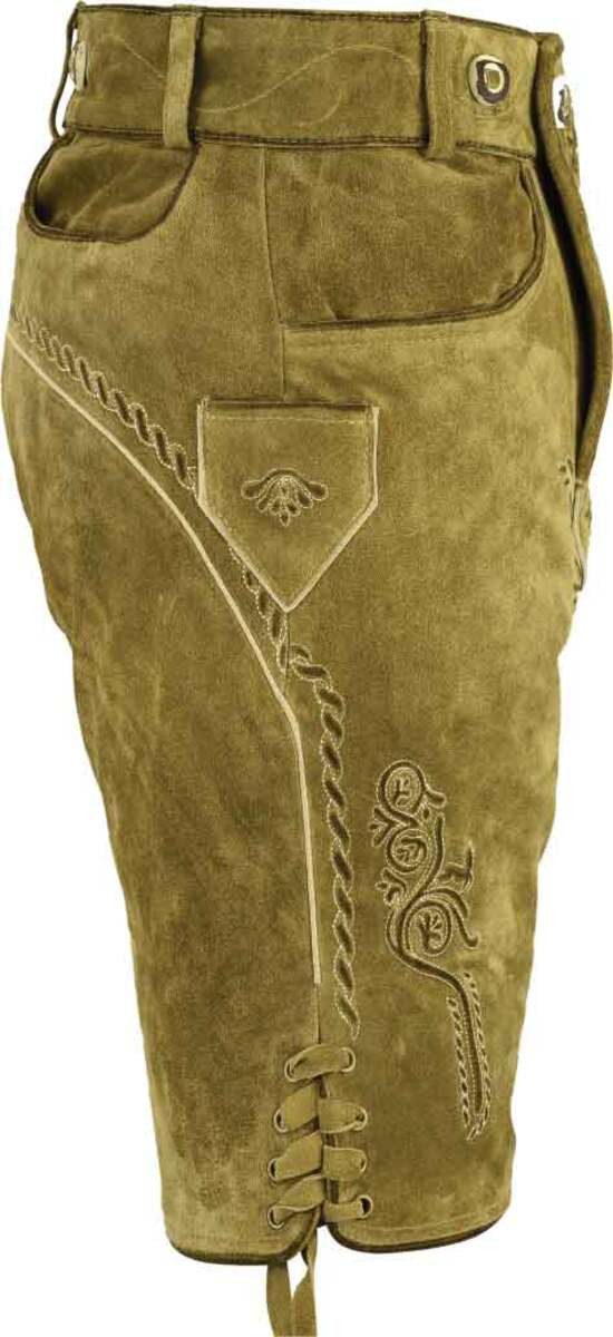 Fuente Leather Wears Trachtenlederhose Trachten Lederhose Kurz, Herren Veloursleder mit Trägern, Beigeoliv