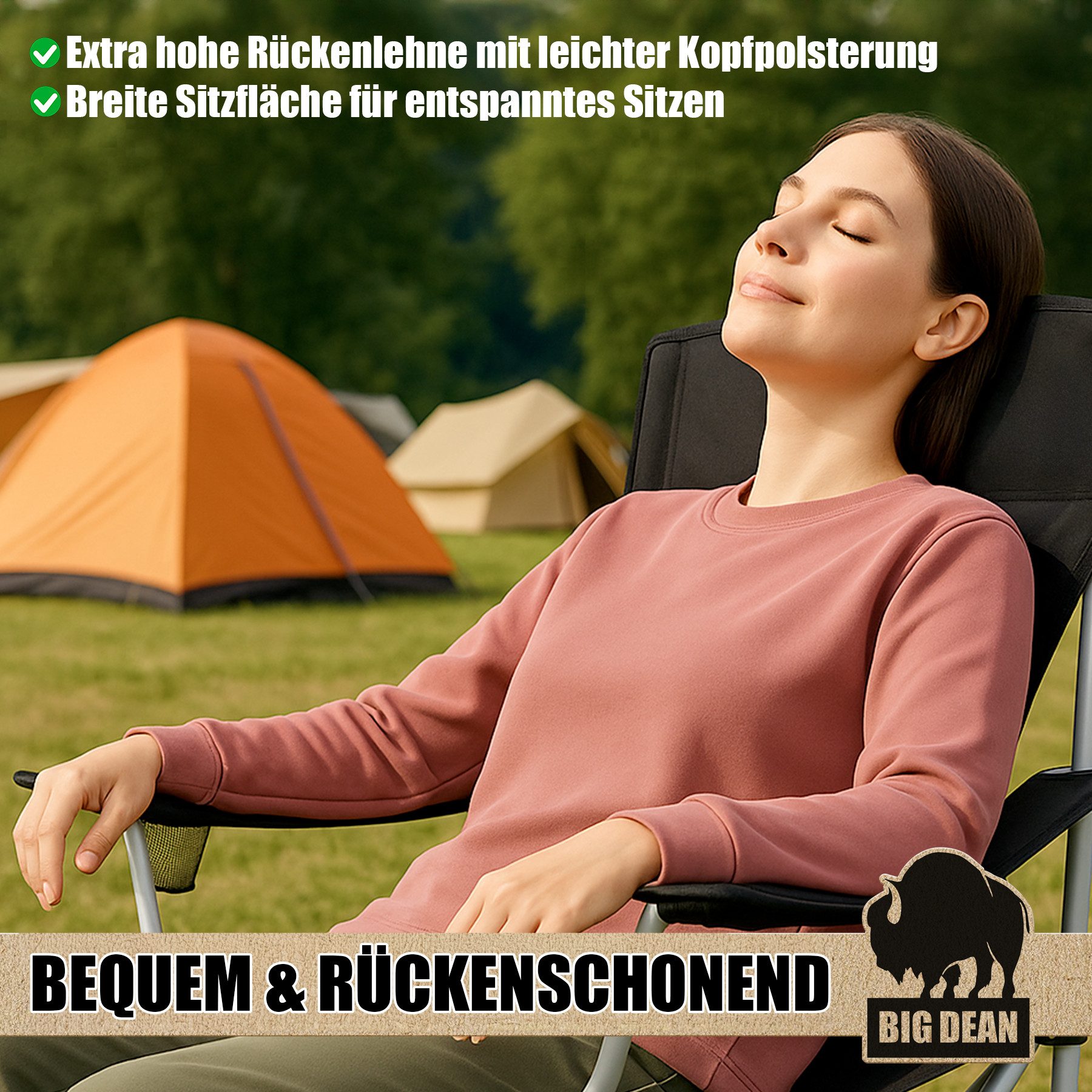 BigDean Campingstuhl 2er Set Campingstuhl extra hohe Lehne max. 150kg belastbar Faltstuhl (Set, 1 St), Verlässlich, Stabil, leicht, Schmutz & Wasser abweisen. – Bild 5 von 5