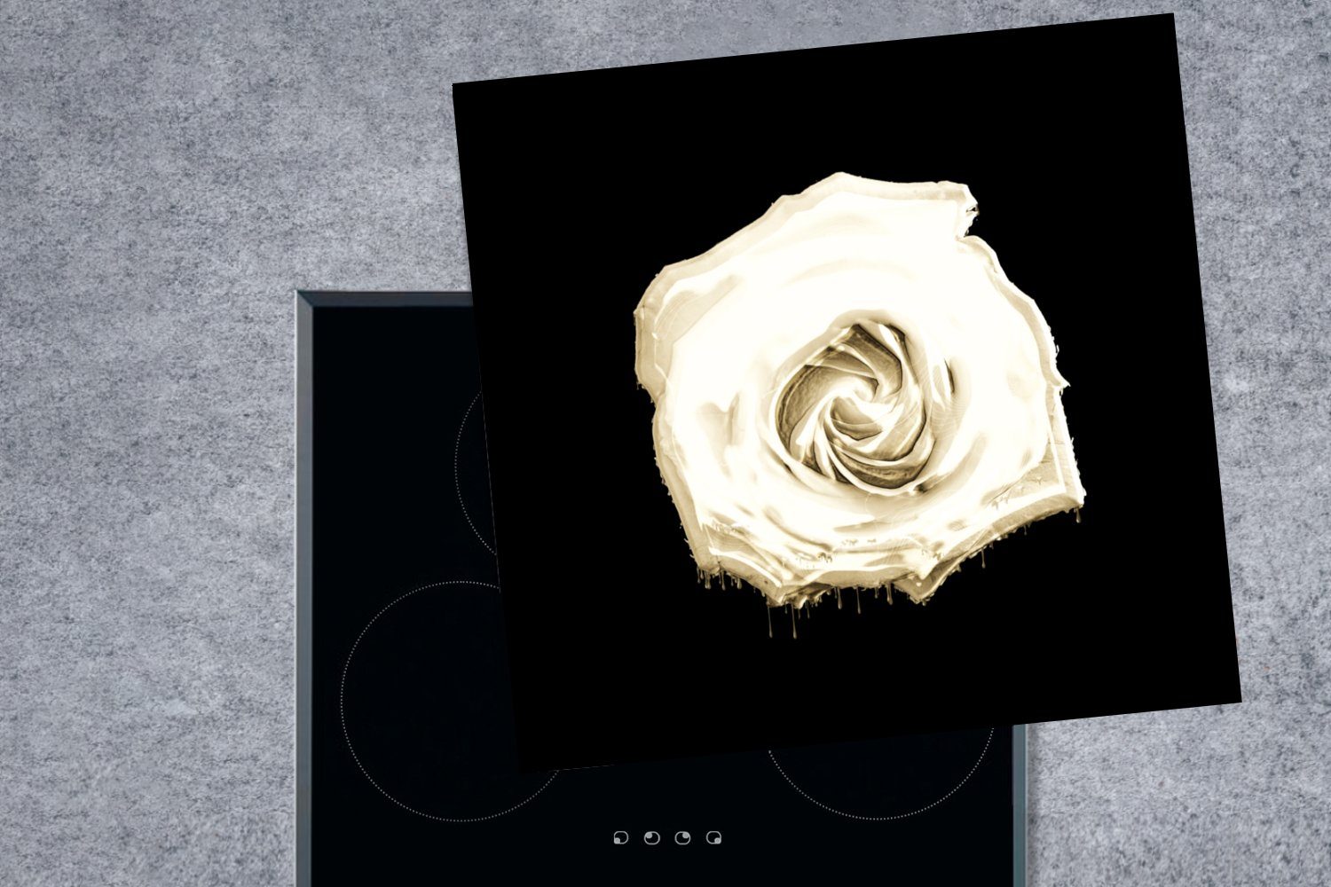 Arbeitsplatte Ceranfeldabdeckung, tlg), küche - (1 Blumen - Herdblende-/Abdeckplatte 78x78 Schwarz, - Rose für Weiß MuchoWow cm, Vinyl,