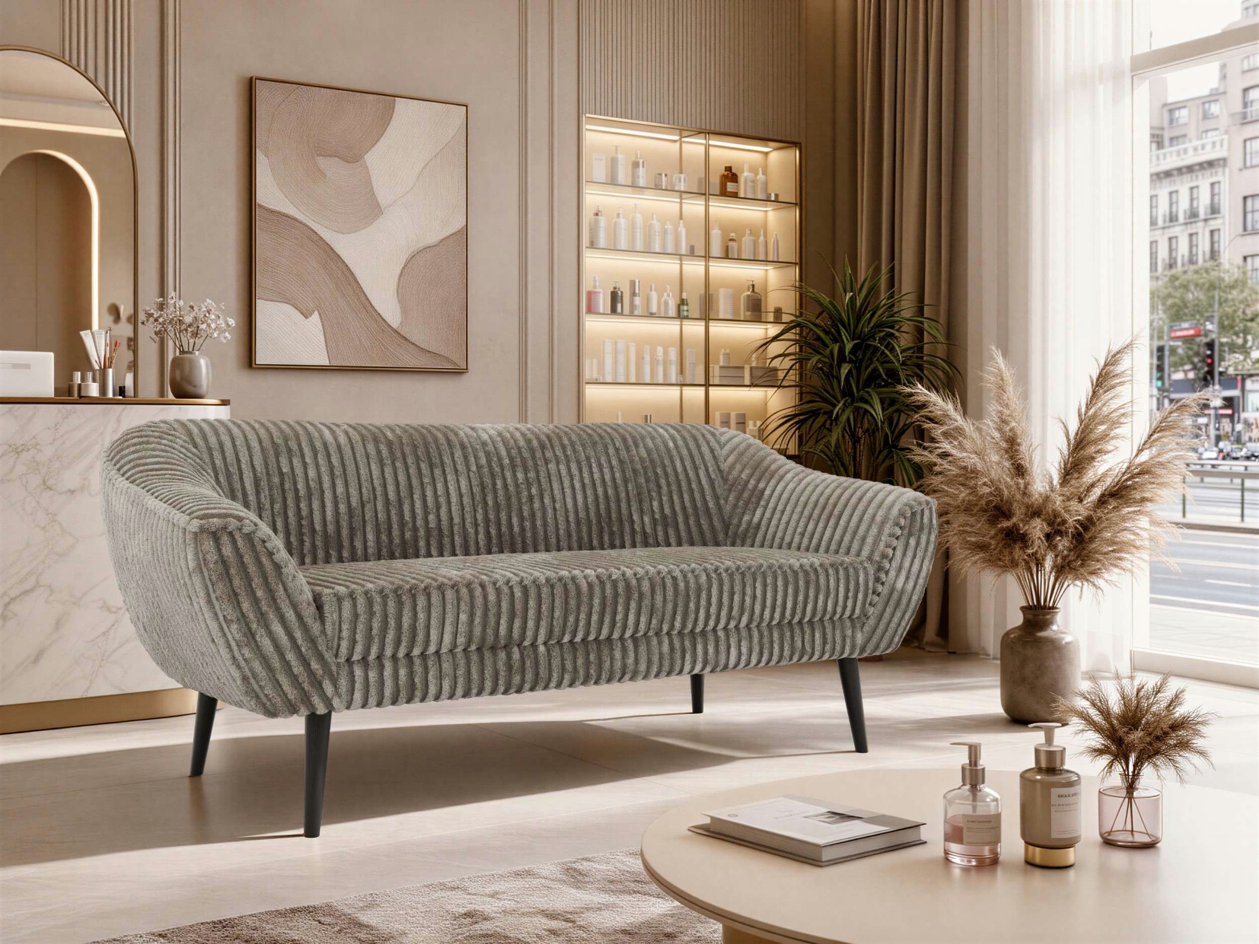 MKS MÖBEL Sofa PIRS, 3-Sitzer, Design mit Steppung, Wellenfederung, Scandi-Design, Füße wählbar