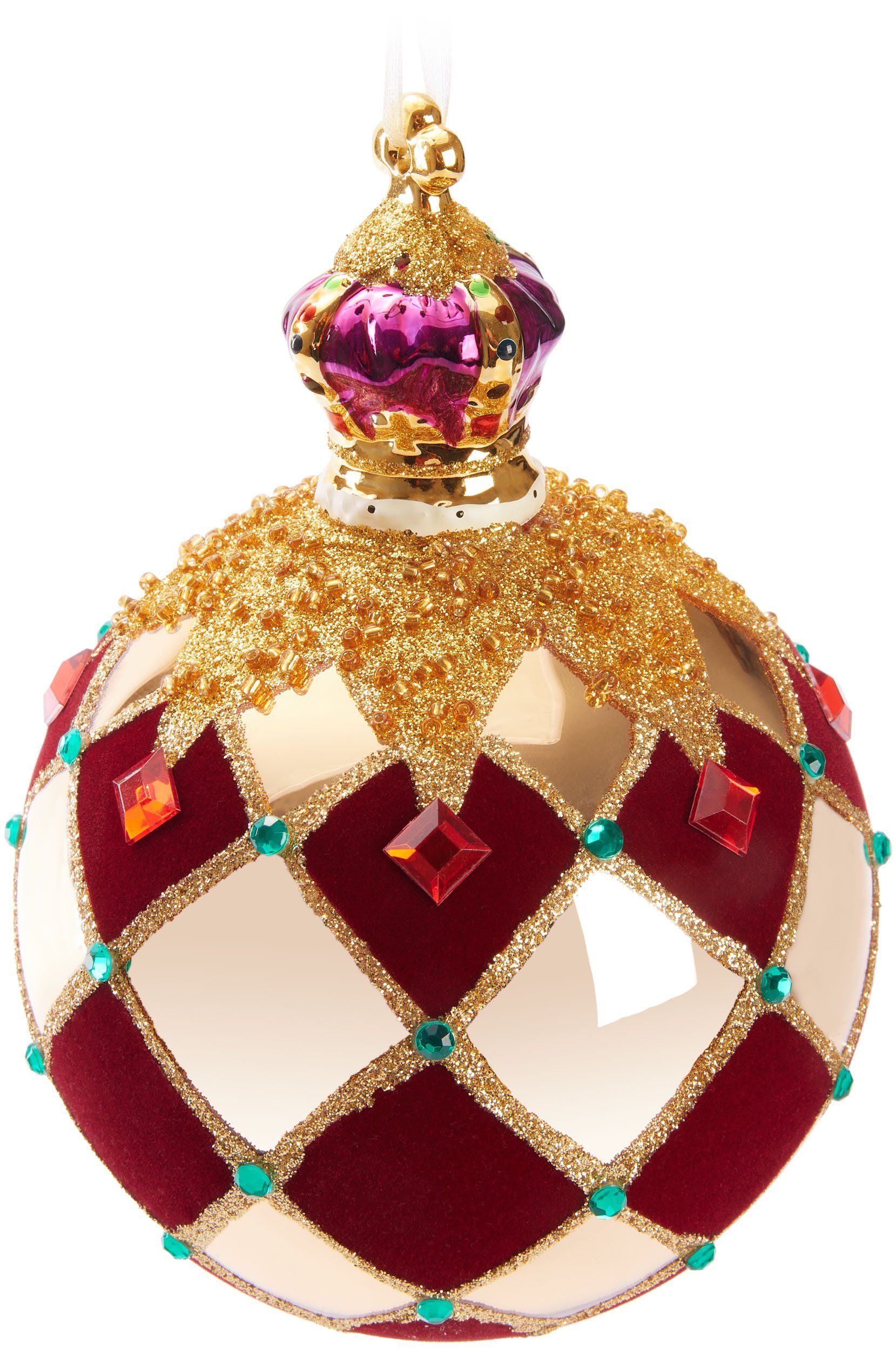 BRUBAKER Weihnachtsbaumkugel Premium Weihnachtskugel "Royal King" - Königliche Baumkugel Gold Rot (1 St), Kariert mit Samt, Glitzer und Krone - 14 cm große Baumkugel aus Glas