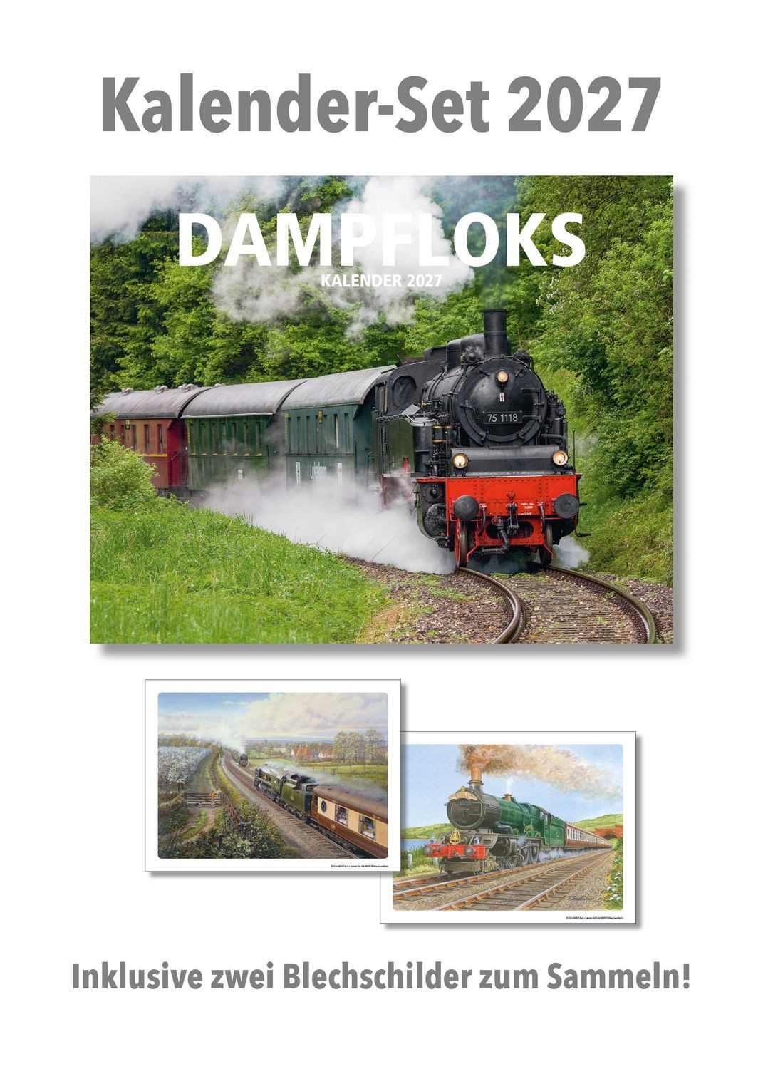Wandkalender Dampfloks Kalender 2027 mit 2 Blechschildern Monatskalender mit 2 Blec