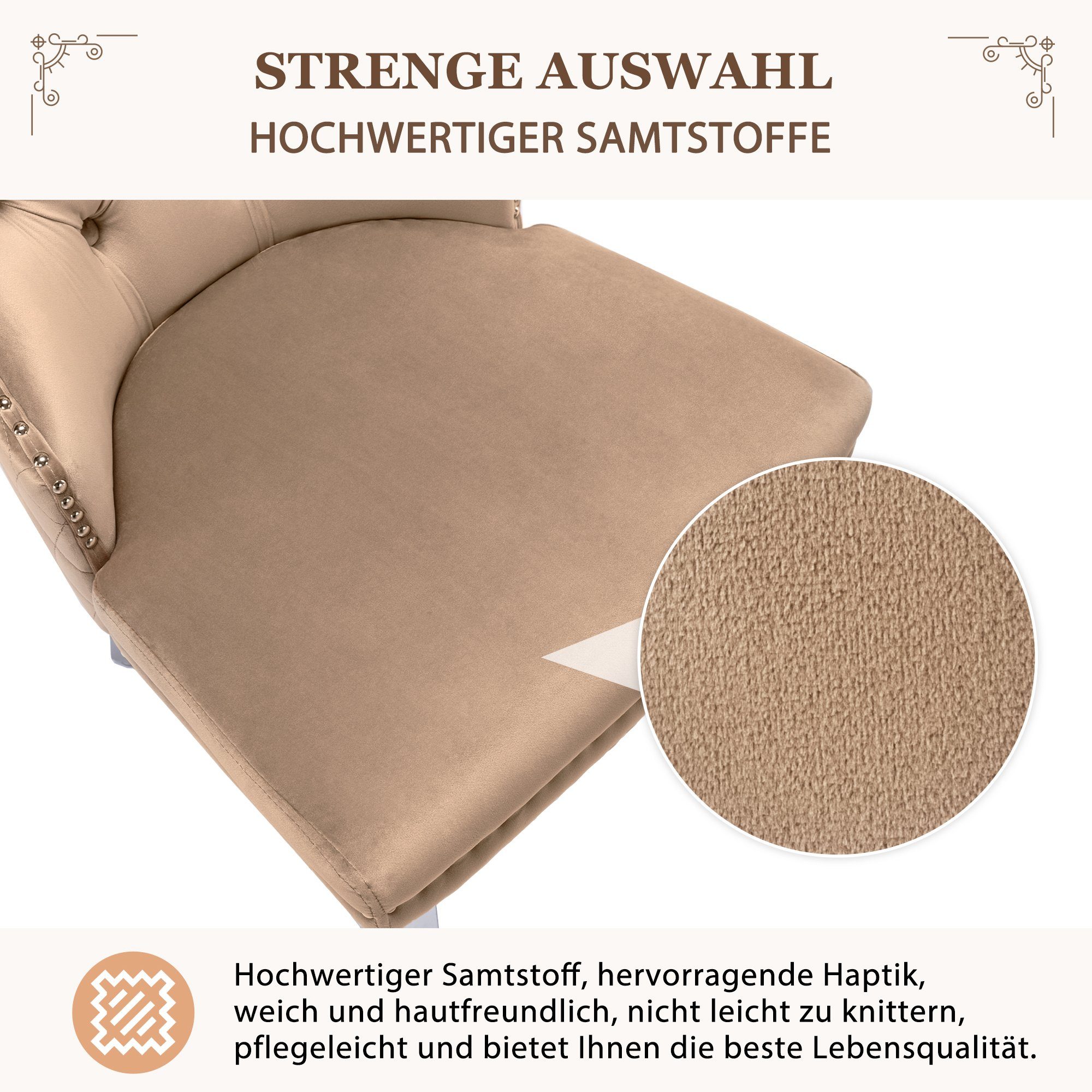 Esszimmerstuhl (Polsterstuhl, 4 St), mit Türklopfer, Beine aus Edelstahl, gepolsterte Sitzfläche aus Samt