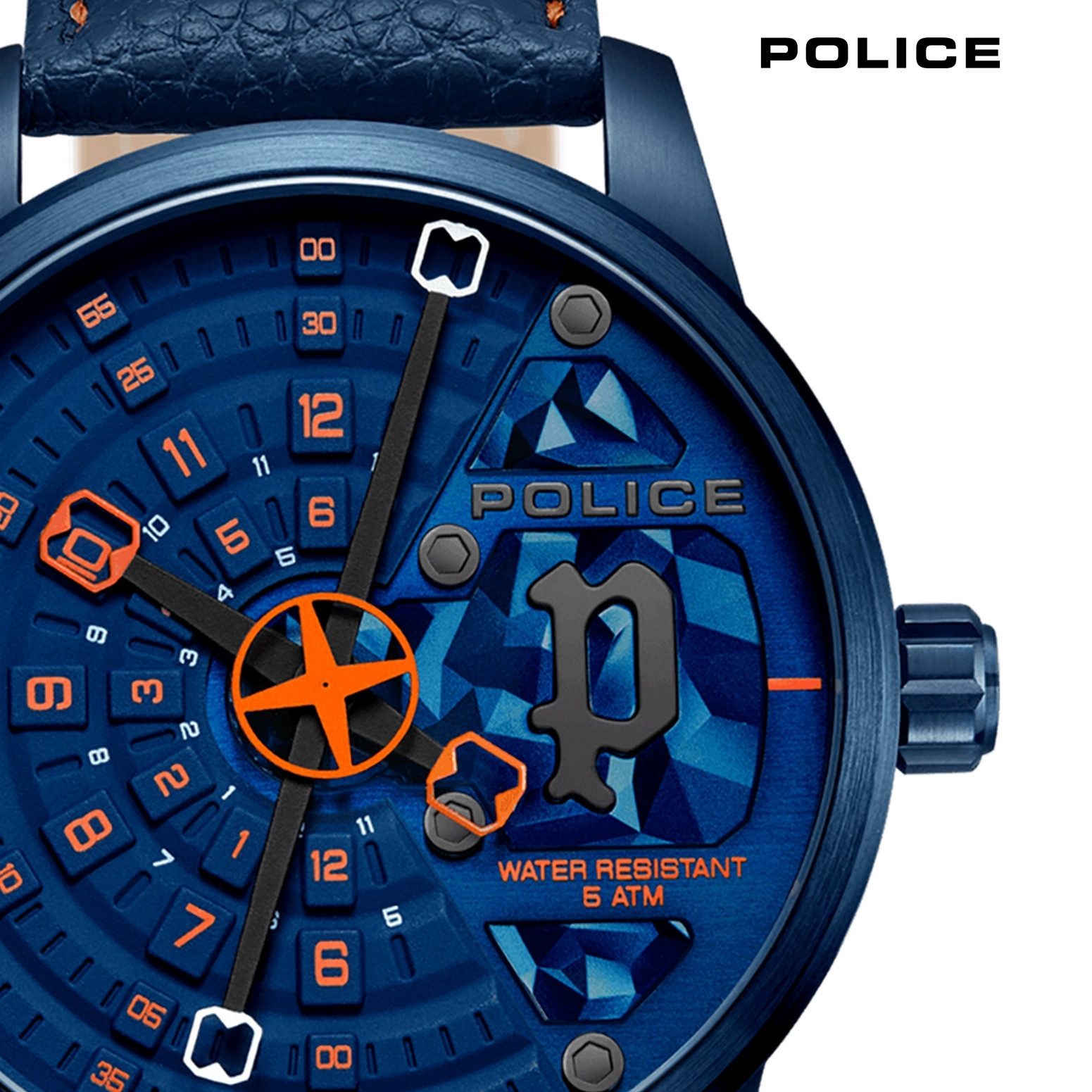 Police Quarzuhr Police Herrenuhr Leder blau orange, (Analoguhr), Herrenuhr rund, extra groß (ca. 46x54,5mm) Lederarmband