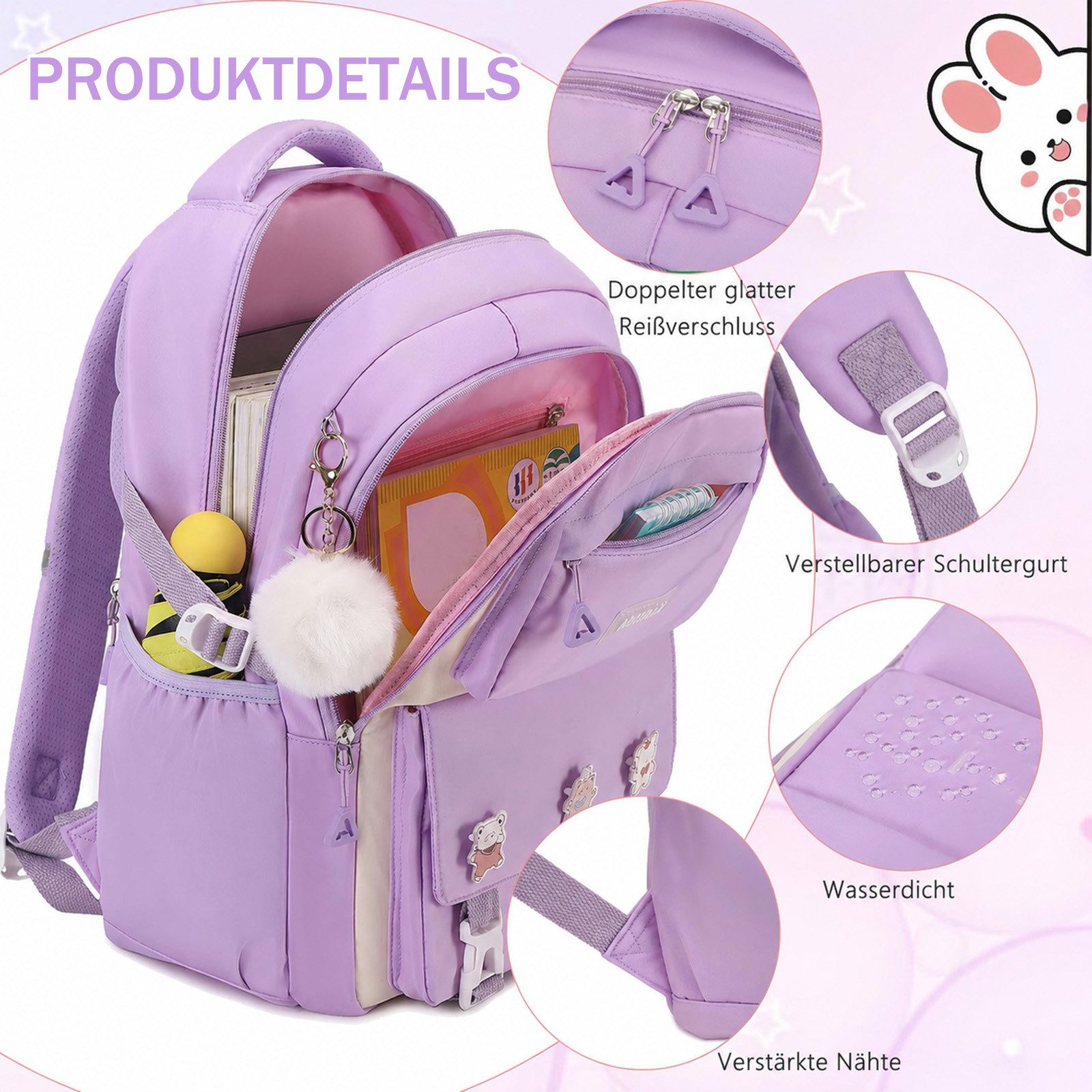 MOPUEA Schulrucksack Teenager-Schulranzen-Set, mit Stifteetui und Badge-Label (Wasserdicht Schulranzen,Unisex Geeignet für Mittelstufe-Universität, 2-tlg., für zum Schulbesuch,Einkaufen,Camping usw), Mit ergonomischem Design zur Entlastung von Schultern und Rücken