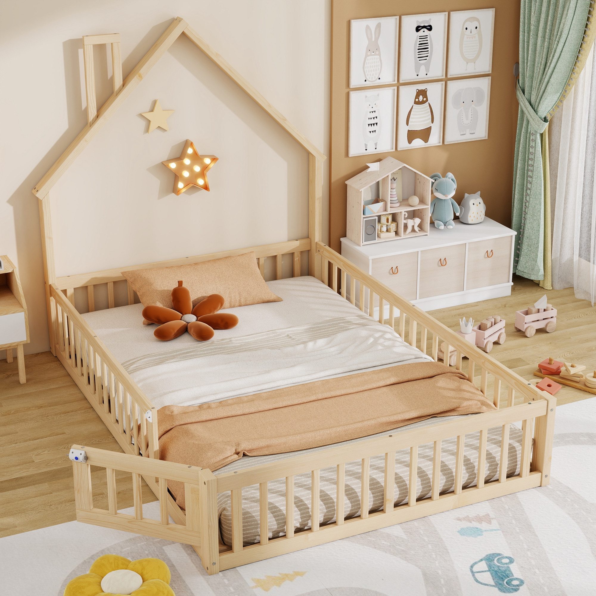 REDOM Kinderbett Lattenrost, Schornsteinform und Kiefernholz (Hausbett Holz günstig online kaufen