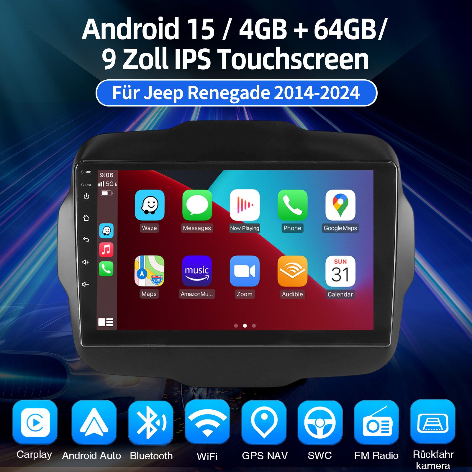 ESSGOO Carplay Android 15 Autoradio Für Jeep Renegade 2014-2024 GPS Navi RDS Autoradio (DAB+ (optional), 4+64GB(optional), RDS, AM, FM, Apple Carplay Android Auto GPS Navi WIFI BT EQ)