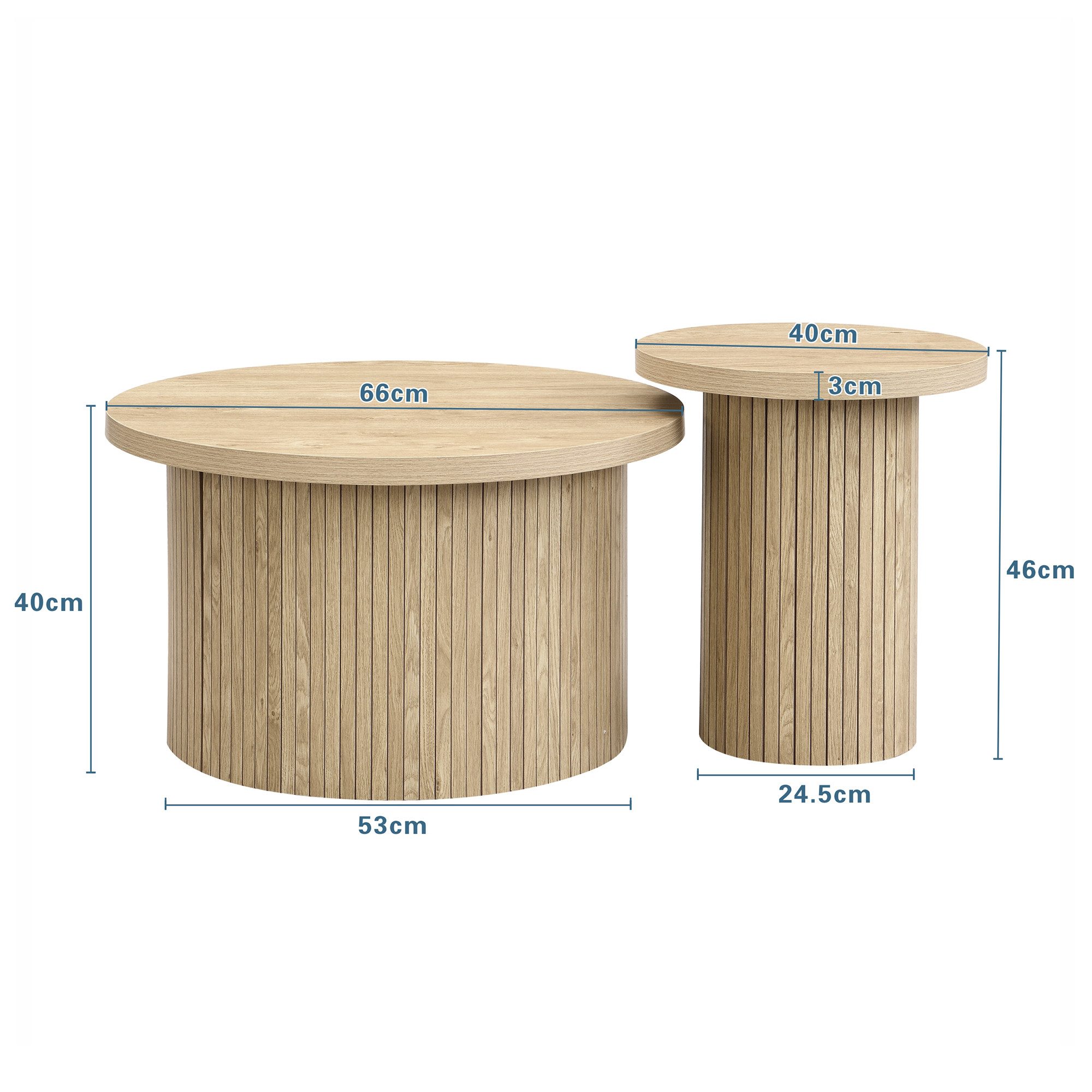 IDEASY Couchtisch (2 St) Rustikaler Couchtisch mit Naturholzlatten Runder Beistelltisch, Wohnzimmertisch, Naturholzmaserung, 66 x 66 x 40 + 40 x 40 x 46 cm