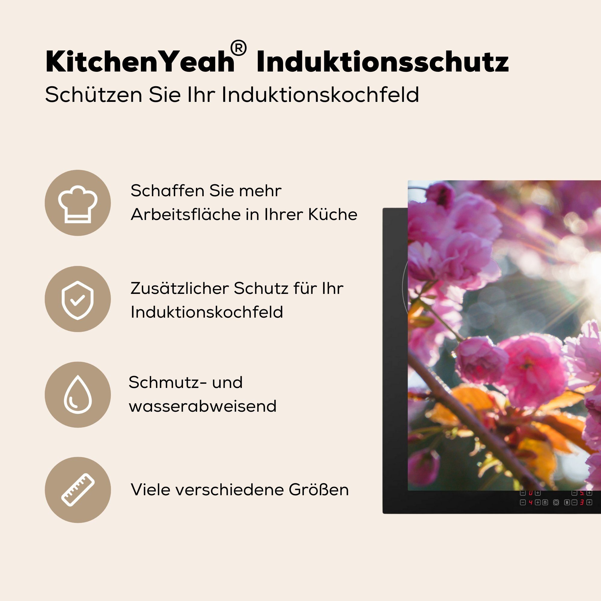 Vinyl, 81x52 Schutz Induktionskochfeld MuchoWow Herdblende-/Abdeckplatte - für Frühling, Sakura cm, Sonne tlg), küche, Ceranfeldabdeckung die - (1