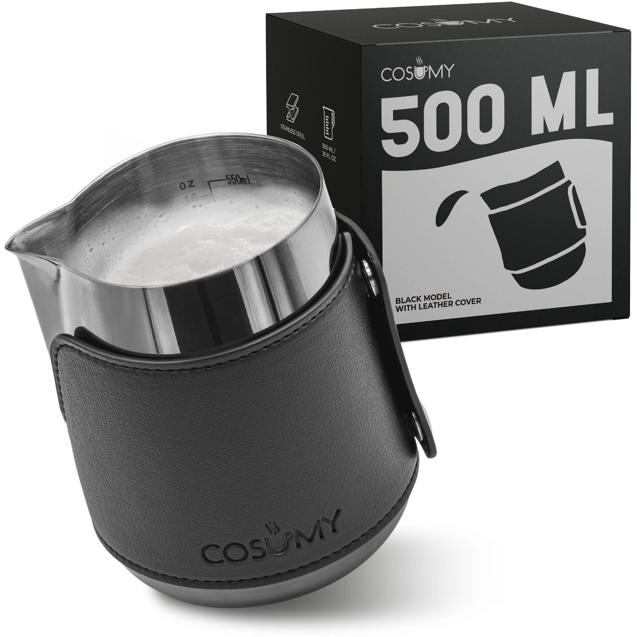 Cosumy Milchkännchen Barista Milchkännchen Edelstahl 500ml mit Lederhülle, 500 l, (Set, 1-St), Griffloses Design - Messskala im Inneren