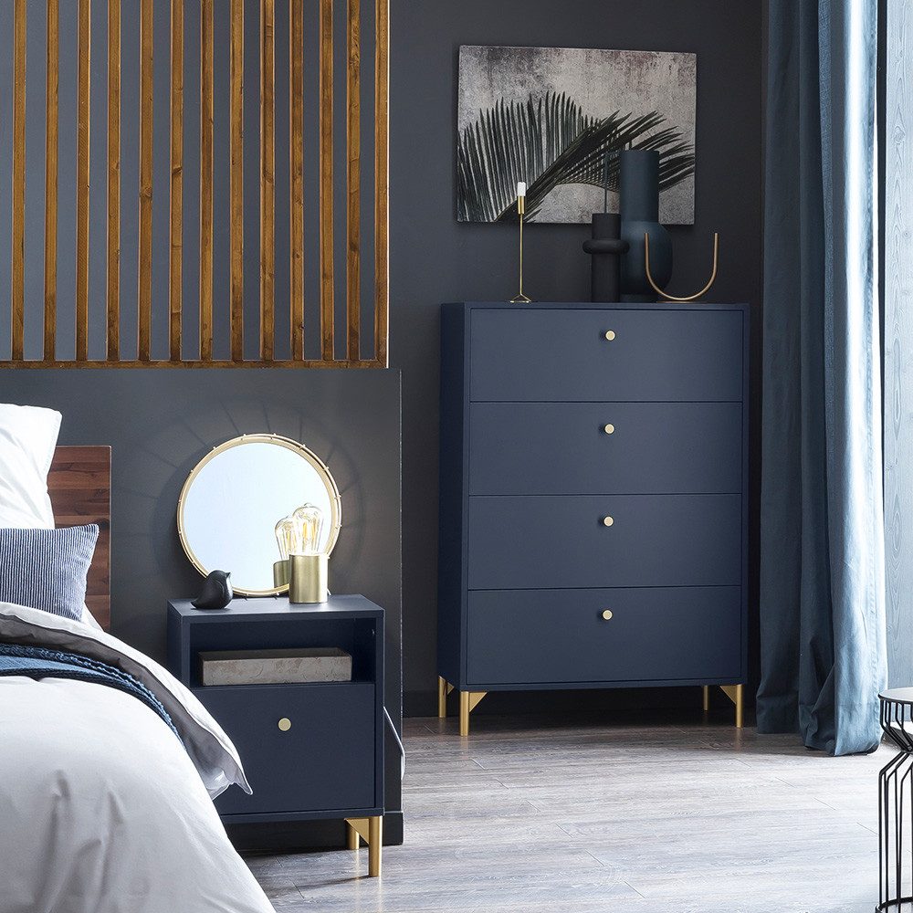 Lomadox Schlafzimmer-Set ALBENGA-80, (Spar-Set, 2-St), in blau mit goldenen Griffen und Füßen