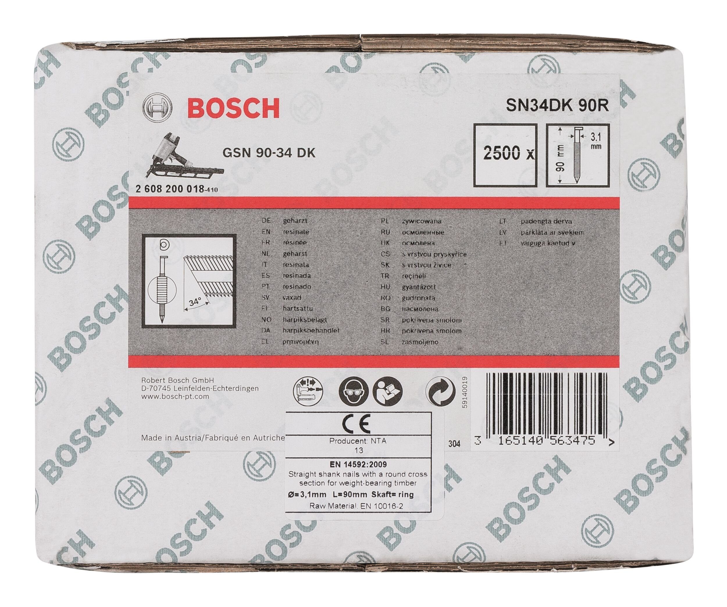 Thumbnail - BOSCH Tackerklammer, SN34DK D-Kopf Streifennagel blank gerillt - 3,1 x 90 mm - 2500er-Pack
