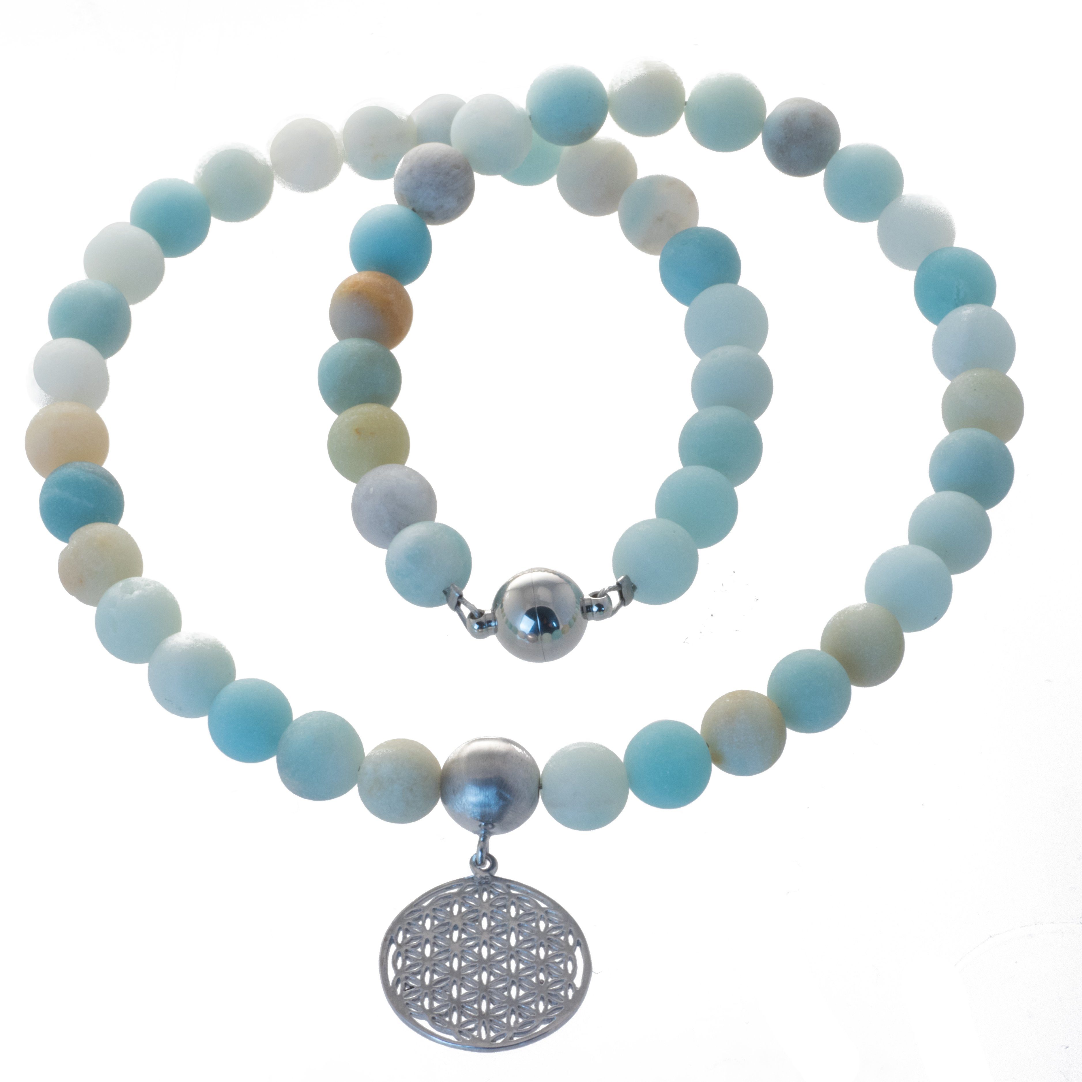 Perlenkette Kette Blume des Lebens mit Amazonit, mit Anhänger Blume des