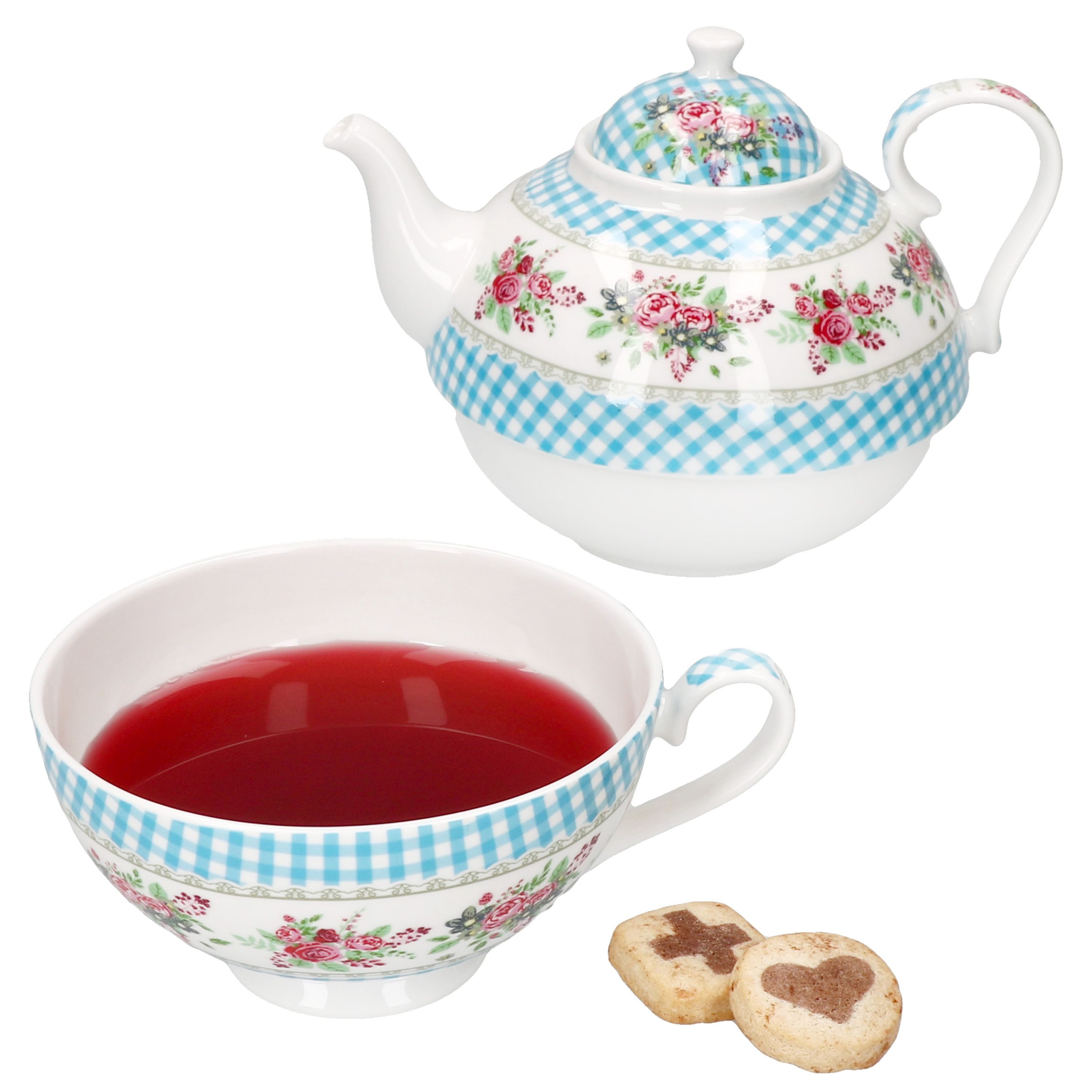 MamboCat Teekanne Blüten Blau kariert Tea for One Tee-Kanne & Tasse 1 Pers. Porzellan