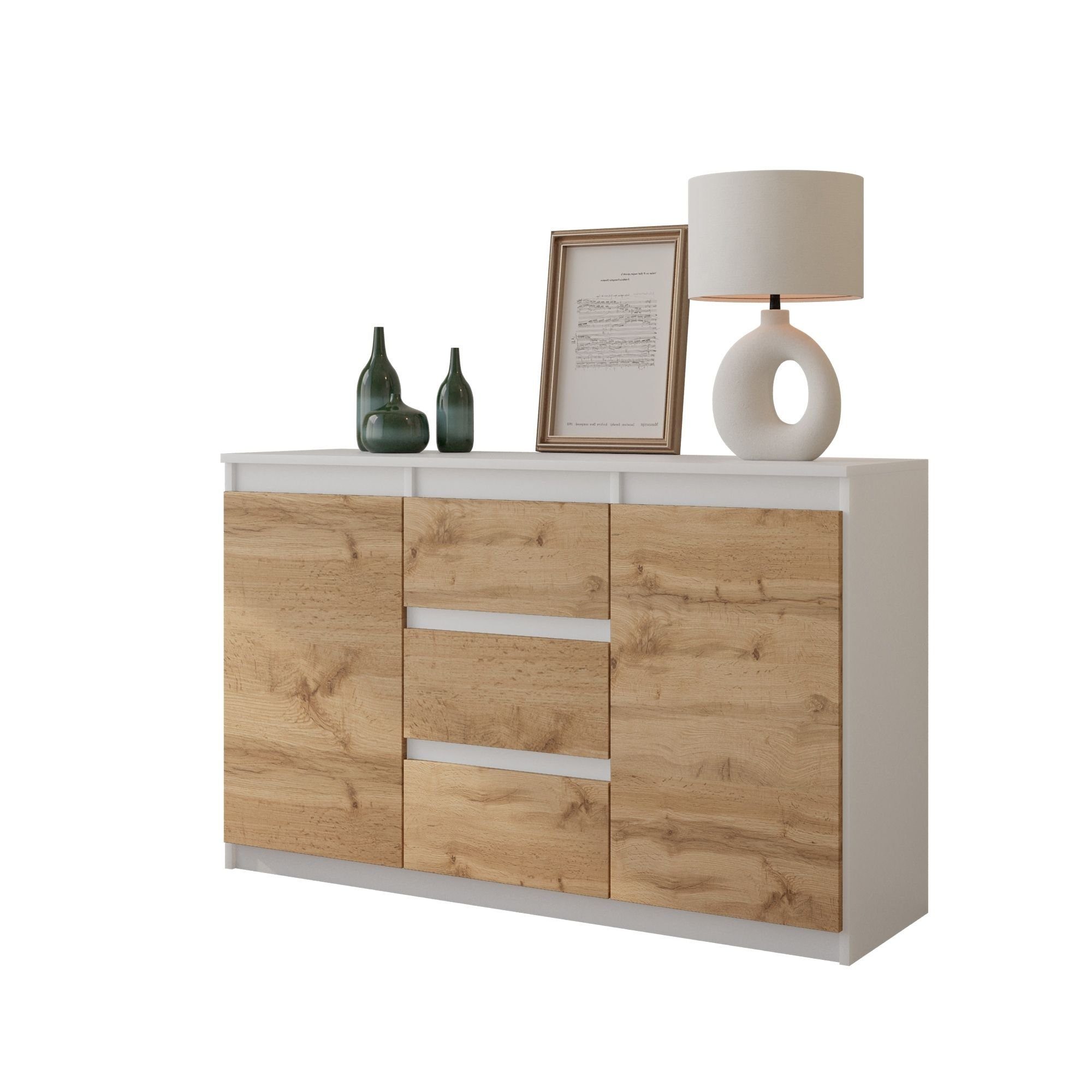 Furnica Kommode MIKEL, 3 Schubladen und 2 Türen - Weiß Matt H75cm B120cm T35cm