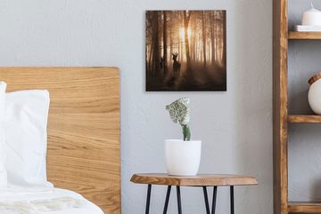 OneMillionCanvasses® Leinwandbild Wald - Hirsche - Sonne - Bäume - Winter - Natur - Tiere, (1 St), Leinwand Bilder für Wohnzimmer Schlafzimmer