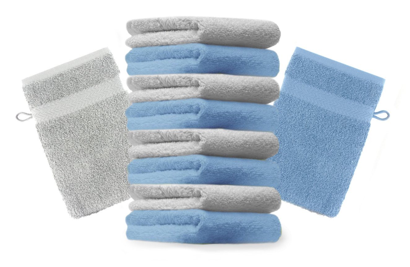 Betz Waschhandschuh 10 Stück Waschhandschuhe Premium 100% Baumwolle Waschlappen Set 16x21 cm Farbe hellblau und Silbergrau (10-tlg)