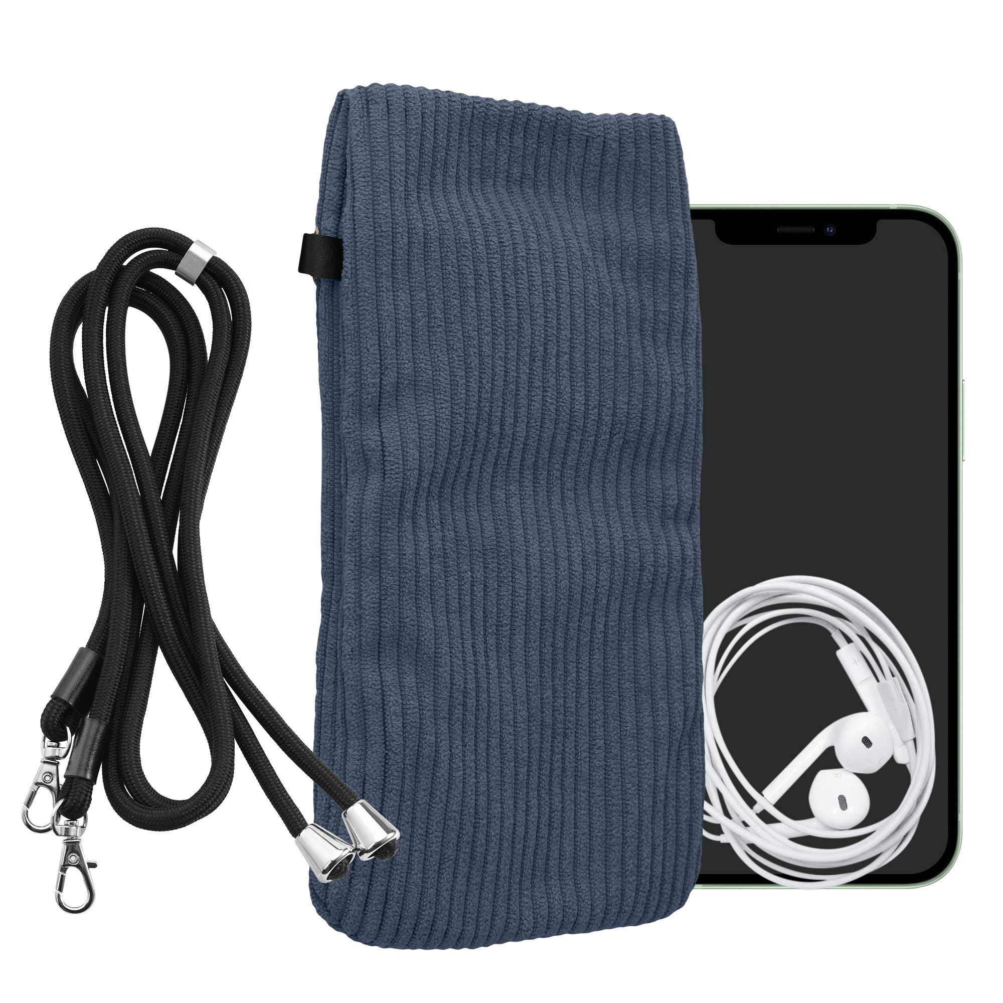 kwmobile Smartphone-Hülle Handytasche für Smartphones XL - 6,7/6,8" Handy Tasche, Cord Handy Hülle Vintage Blue mit Kordel - Handy Tasche