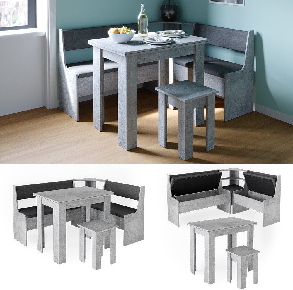Vicco Sitzgruppe Roman, Beton/Anthrazit, 150 x 120 cm mit Tisch, (Set, 5-tlg., 5-er Set), Ausziehbarer Tisch, mit Polsterung, Stauraum in den Sitzbänken