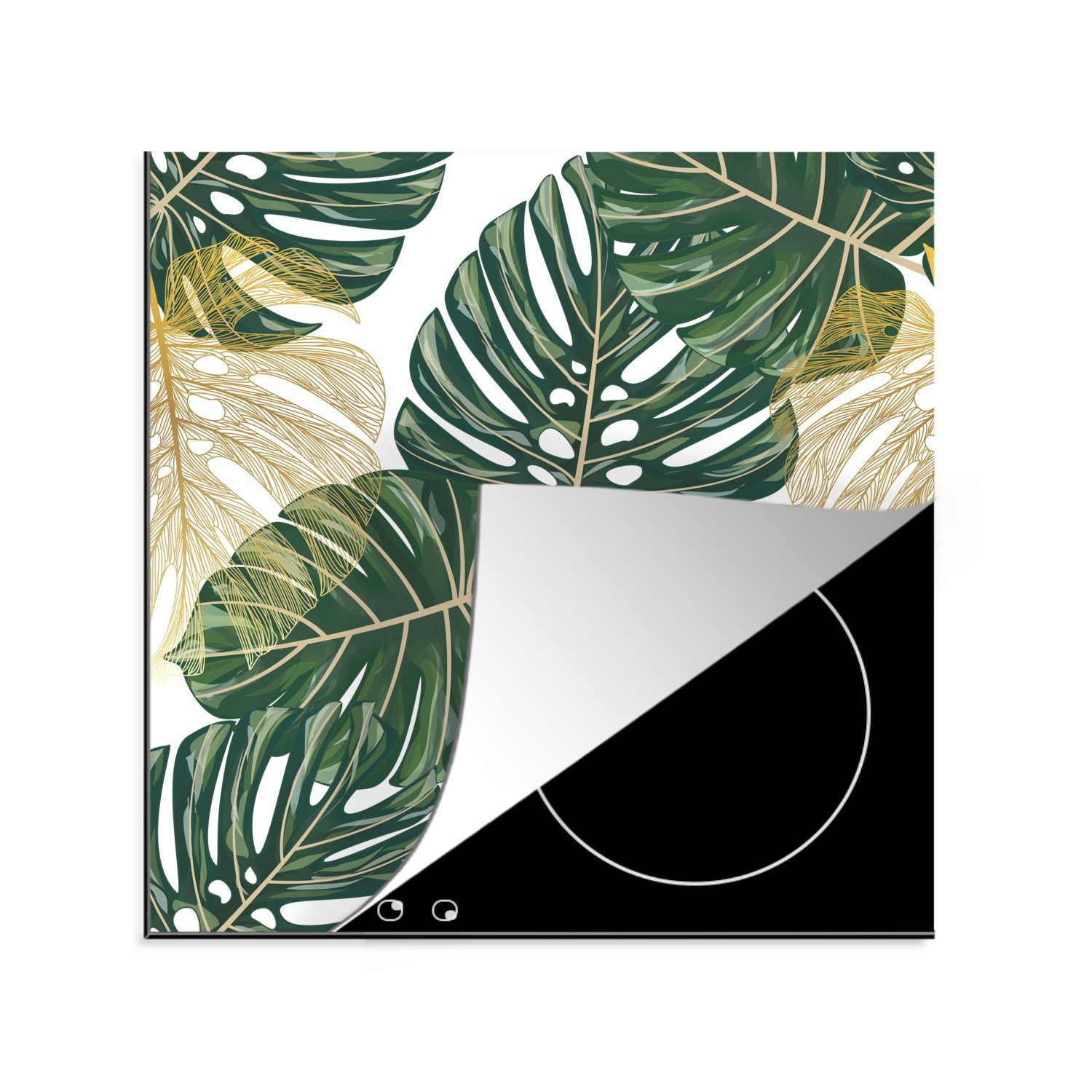 MuchoWow Herdblende-/Abdeckplatte Tropisch - Blätter - Grün, Vinyl, (1 tlg), 78x78 cm, Ceranfeldabdeckung, Arbeitsplatte für küche