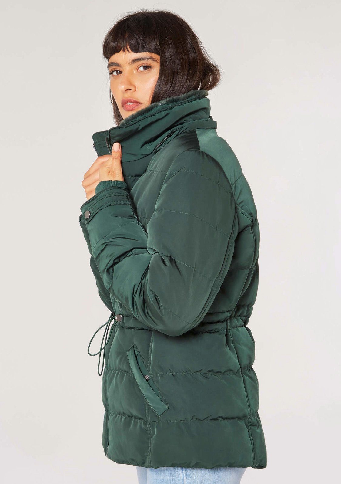 Jacket Apricot Kapuze) abnehmbarer mit Fur Lined mit (1-St., grün abnehmbarer Kapuze Puffer Hood Winterjacke Rem