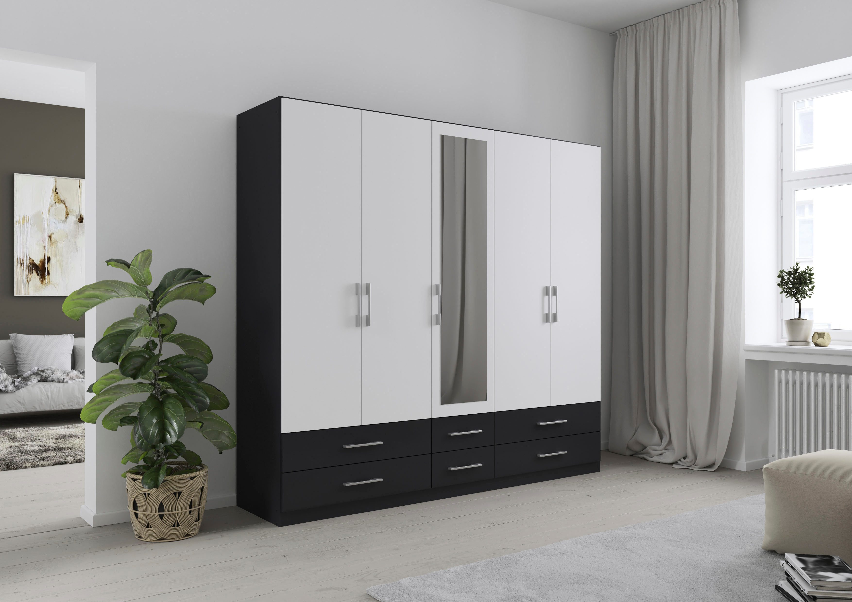 rauch Kleiderschrank Schrank Garderobe Wäscheschrank HERSBRUCK in 2 Breiten (Breiten: 226 oder 271 cm, Höhe 210 cm) mit 6 großzügigen Schubladen sowie Spiegeltüren MADE IN GERMANY