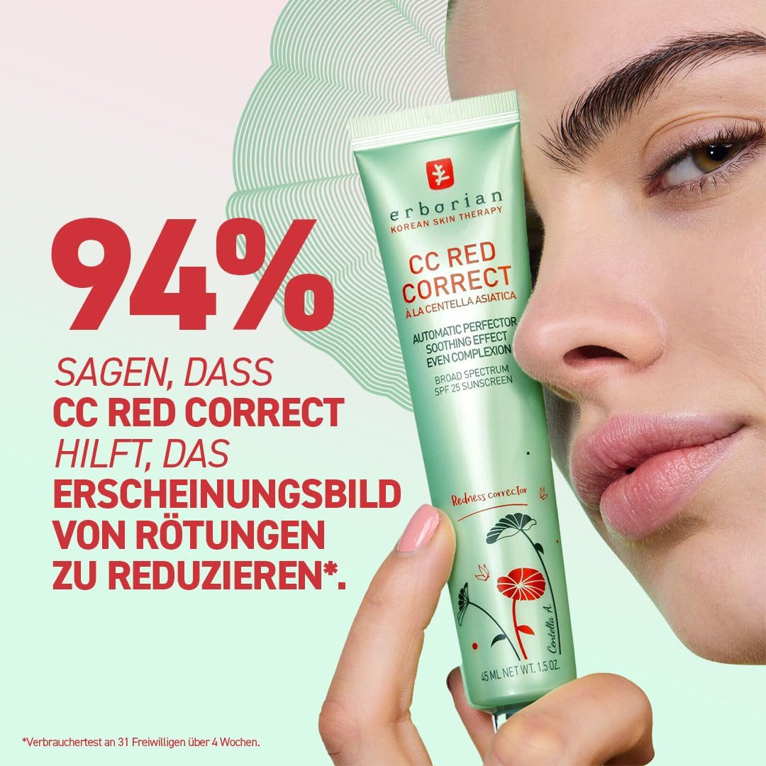 Erborian Gesichtspflege CC Red Correct mit Centella Asiatica gegen Rötungen und Unregelmäßigkeiten im Teint, Farbkorrektur & Teint-Perfektionierer, LSF 30