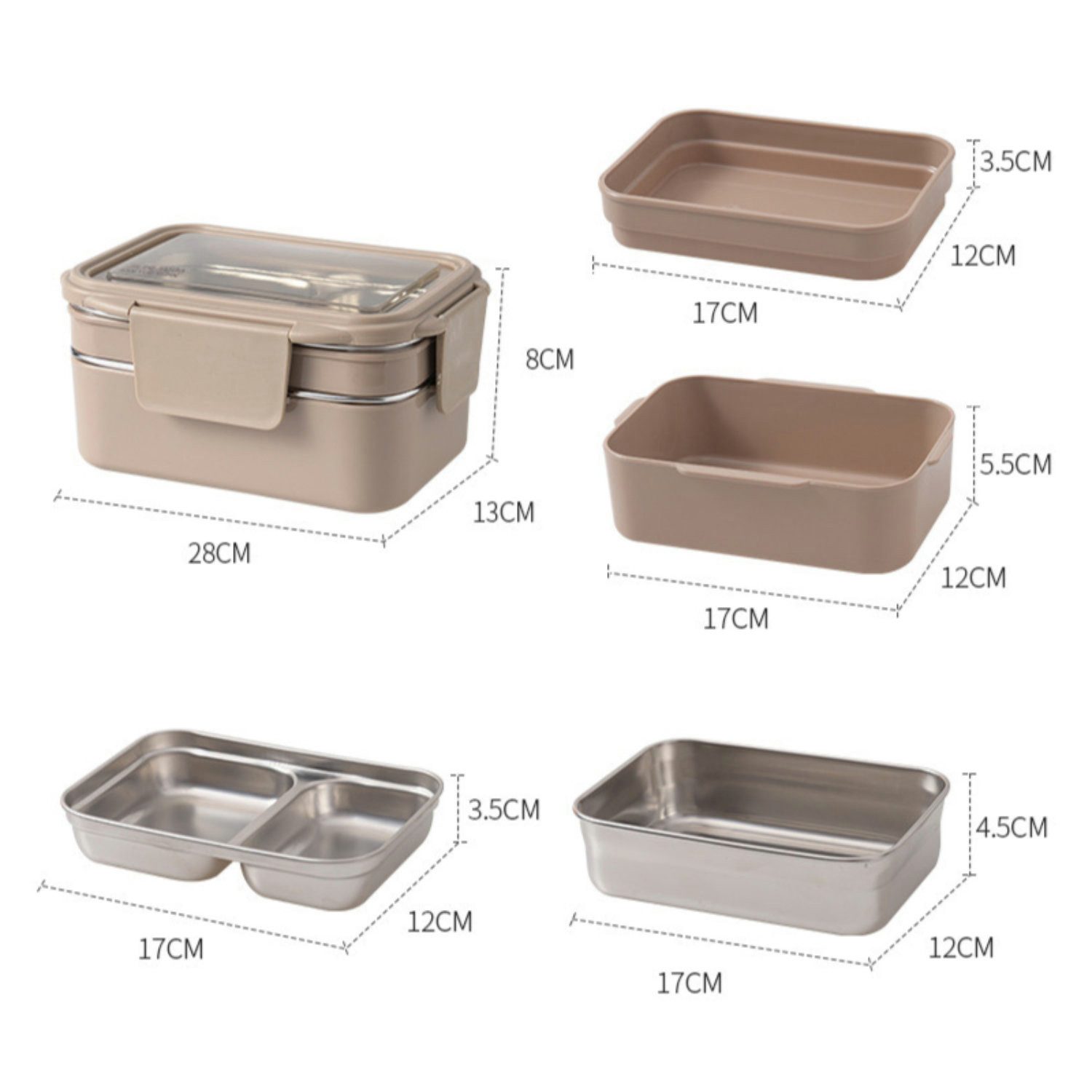 WS-Trend Lunchbox Lunchbox Edelstahl 1200 ml – 2-stöckige Bento Box mit 3 Fächern, Gabel, (Set)