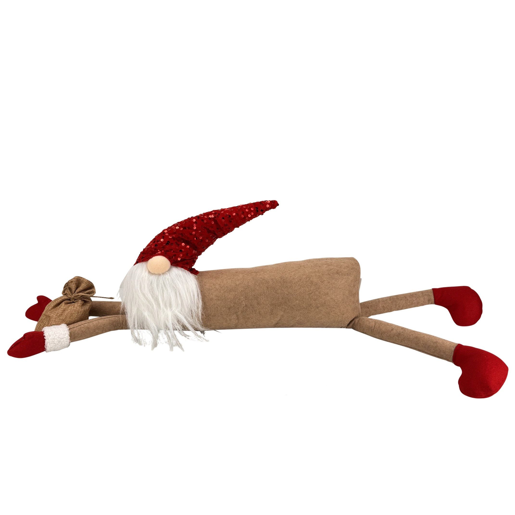 Online-Fuchs Wichtel XL liegend mit leuchtender LED Nase - Weihnachtsdeko innen (90 cm lang, mit dekorativen Pailletten auf der Zipfelmütze), inklusive praktischer 6-Stunden Timerfunktion