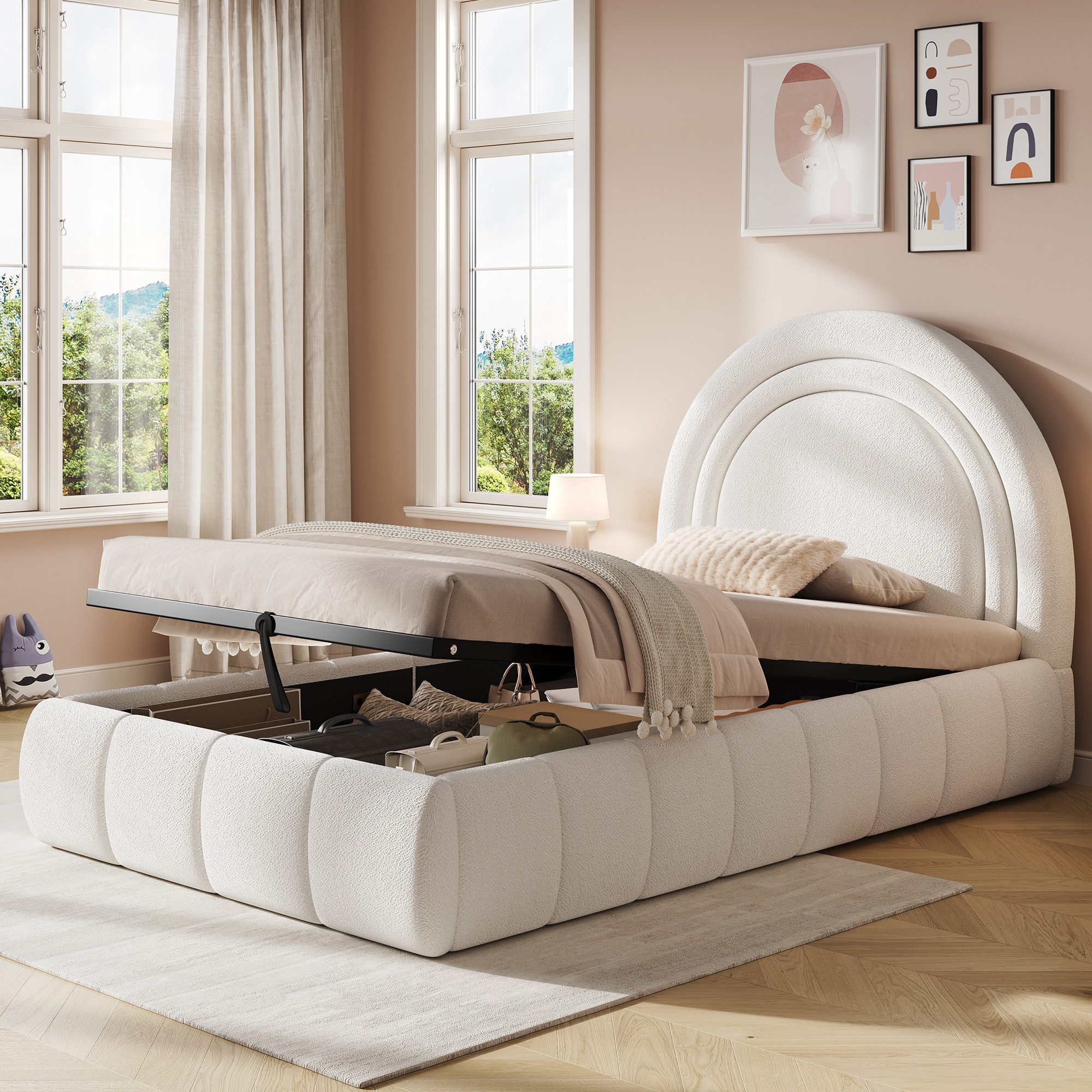 HAUSS SPOLE Polsterbett Polsterbett 90x200 Funktionsbett mit Bettkasten,mit Bouclé,Beige (Märchenhaftes Kinderbett mit gepolstertem Kopfteil), Stauraumbett mit Matratze