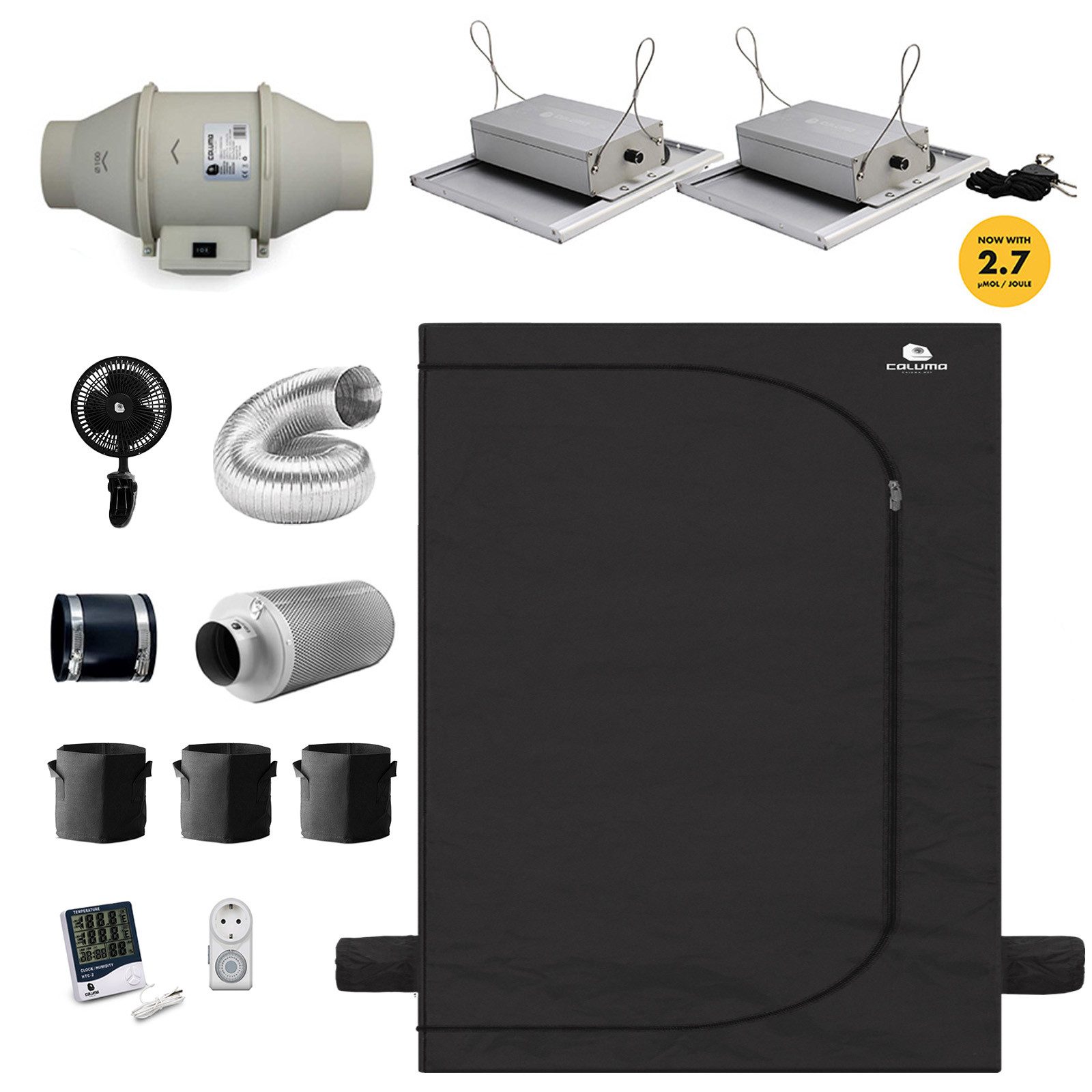 Caluma Foliengewächshaus Growbox Komplett Set - 60x120 cm Growzelt, 2x75W LED, für 3 Pflanzen, BxTxH: 120 x 60 x 180 cm, Komplettset, 60x120x180 cm,2x75W LED,Axiallüfter 295m³/h,Aktivkohlefilter 270m³/h