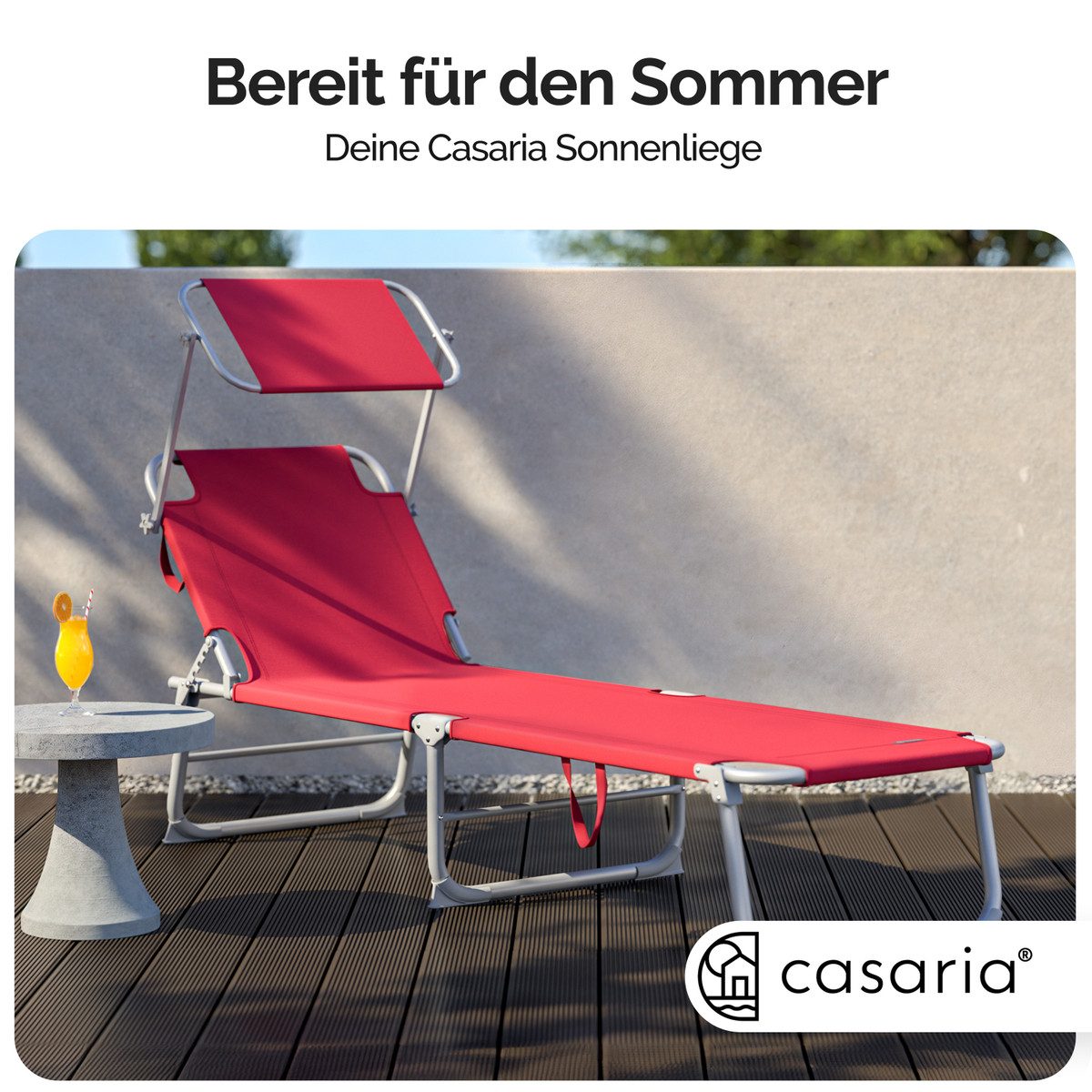 Casaria Gartenliege Hawaii, Klappbar Sonnenliege mit Sonnendach Liegestuhl Garten Balkon Hoch Rot