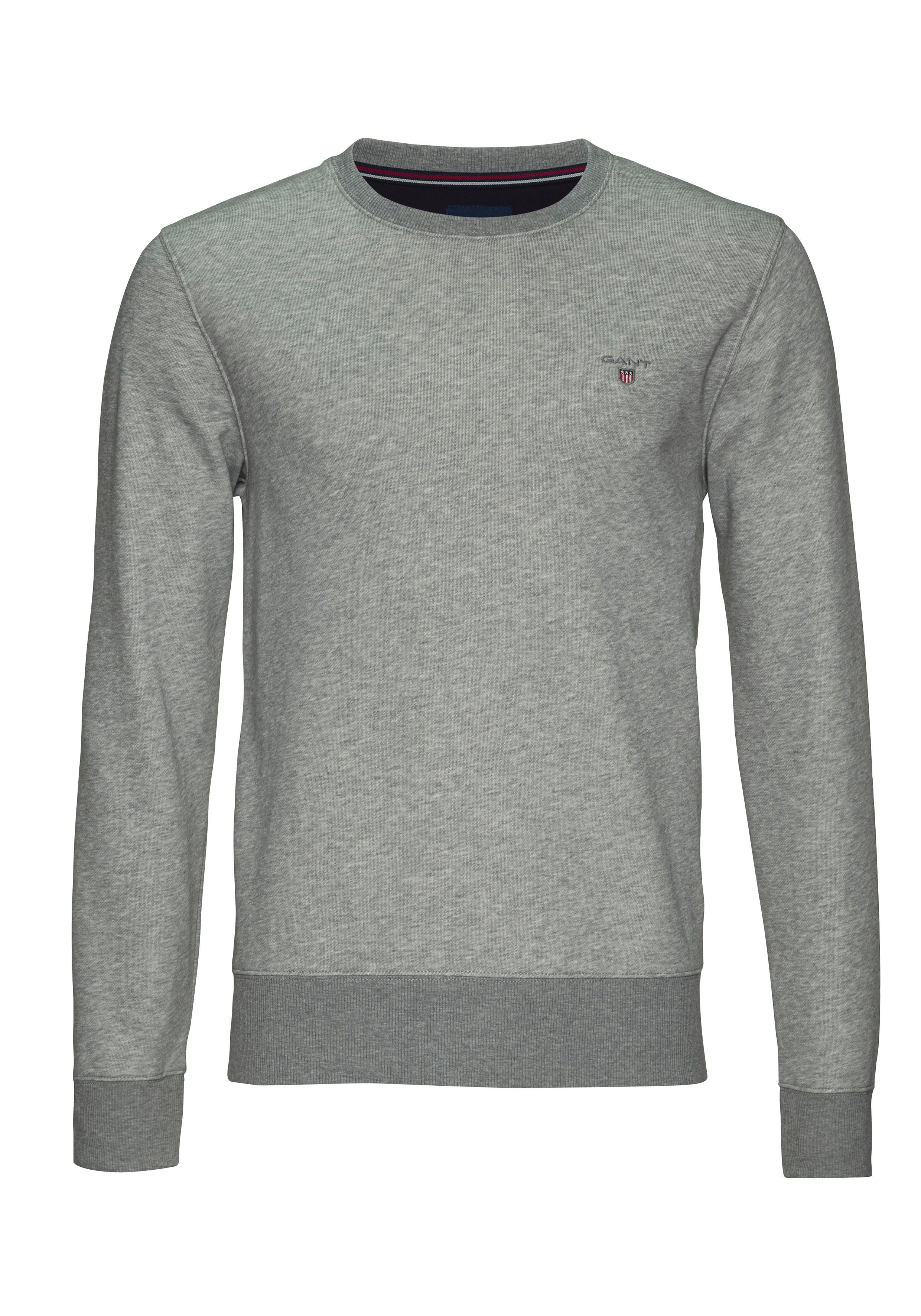 Sweatshirt grey Gant und C-NECK mit ORIGINAL an Ärmel melange Rippbündchen Saum SWEAT