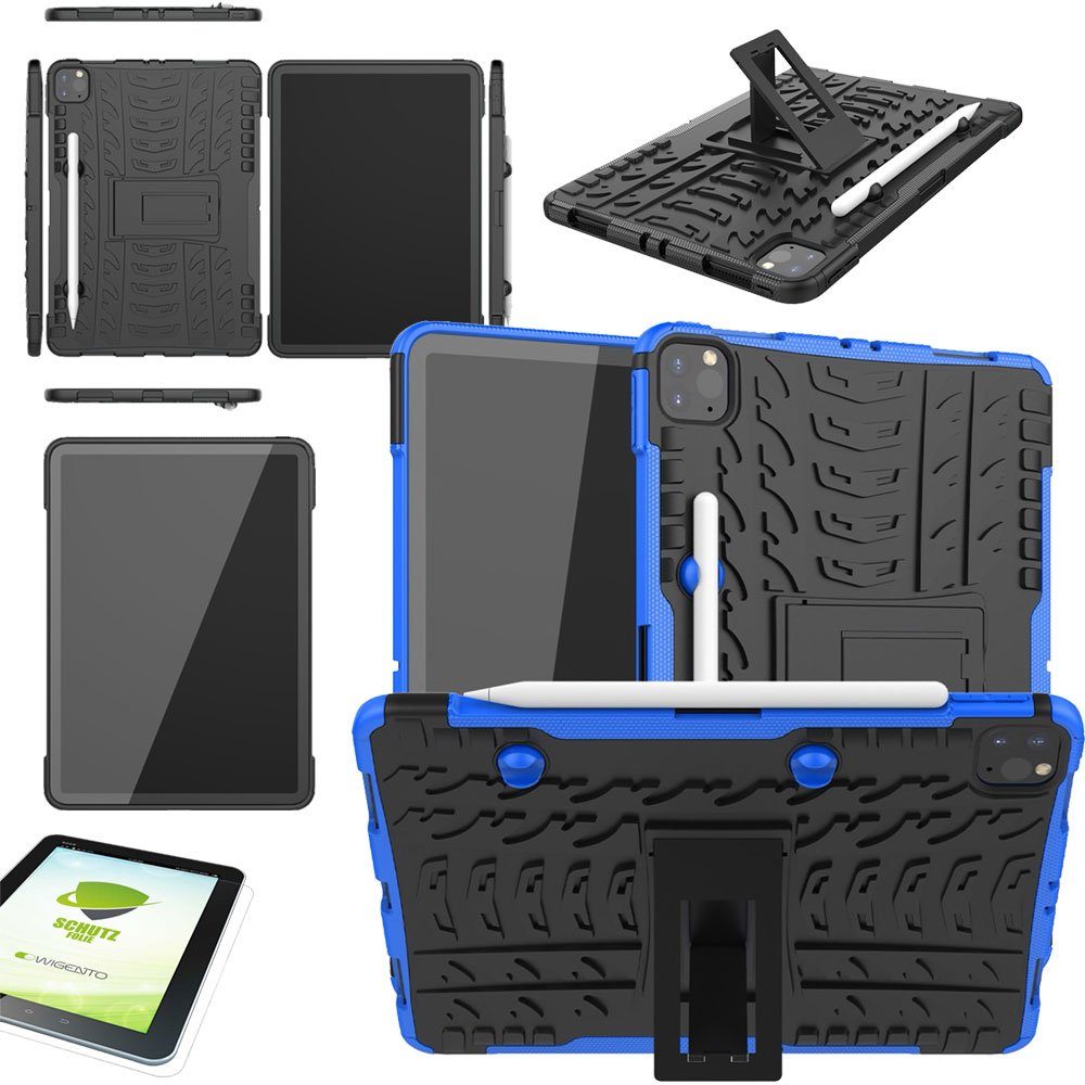 Wigento Tablet-Hülle Für Apple iPad Pro 11.0 2022 / 2021 / 2020 Hybrid Outdoor Schutzhülle Blau Tasche + 0.3 H9 Schutzglas