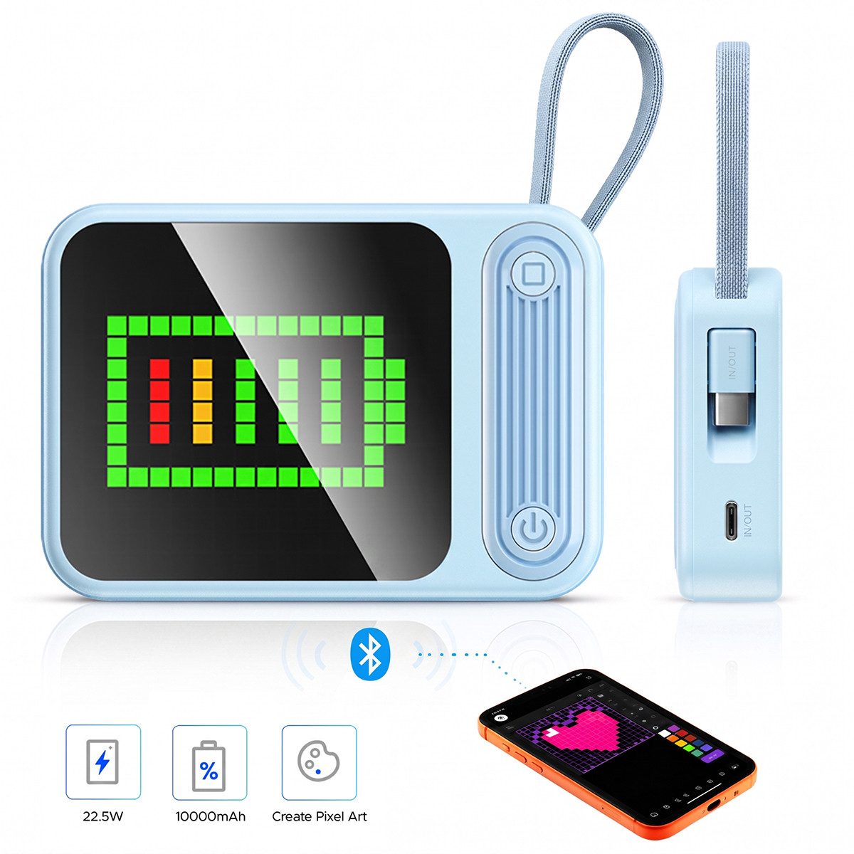 ORICO PixCharge Plus Powerbank 10000mAh mit 22,5W Schnellladung, Powerbank 256-LED Pixel Display & App-Steuerung, integriertem USB-C Kabel 10000 mAh (5V / 9V / 12V V, 1 St), externer Akku für Smartphone & Tablet