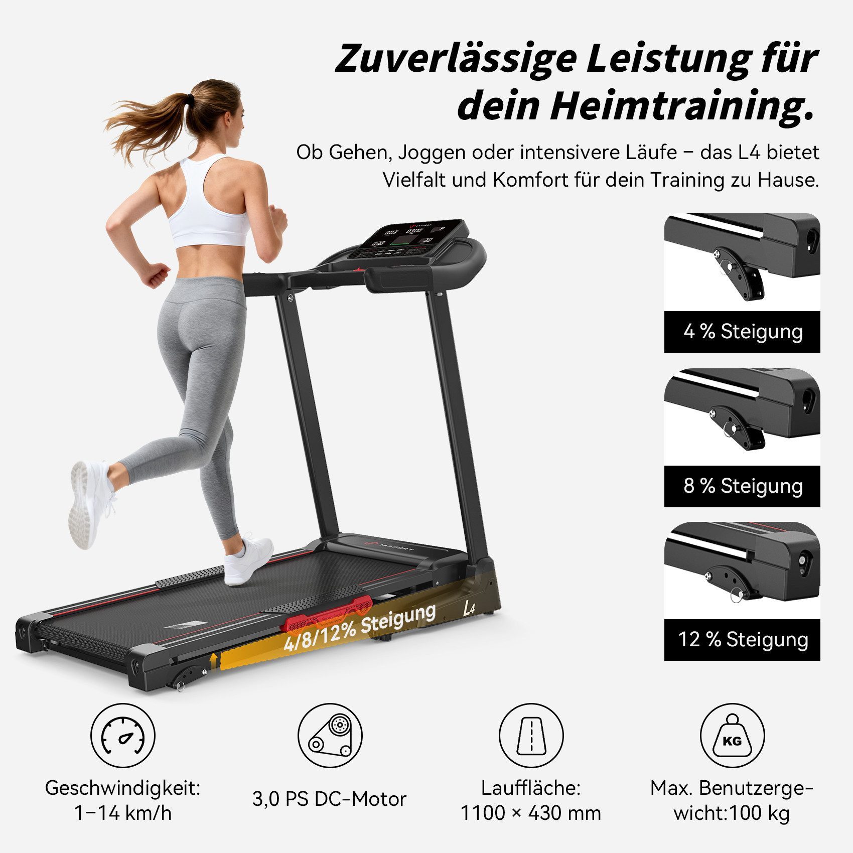 JASPORT Laufband L-Serie klappbar für Zuhause mit Steigung, Kinomap & Zwift (Einzelgerät, Laufband für Zuhause, klappbar, mit 3-Stufen-Steigung), 3,0 PS, 14 km/h, Kinomap & Zwift, 45 Programme, Stoßdämpfung