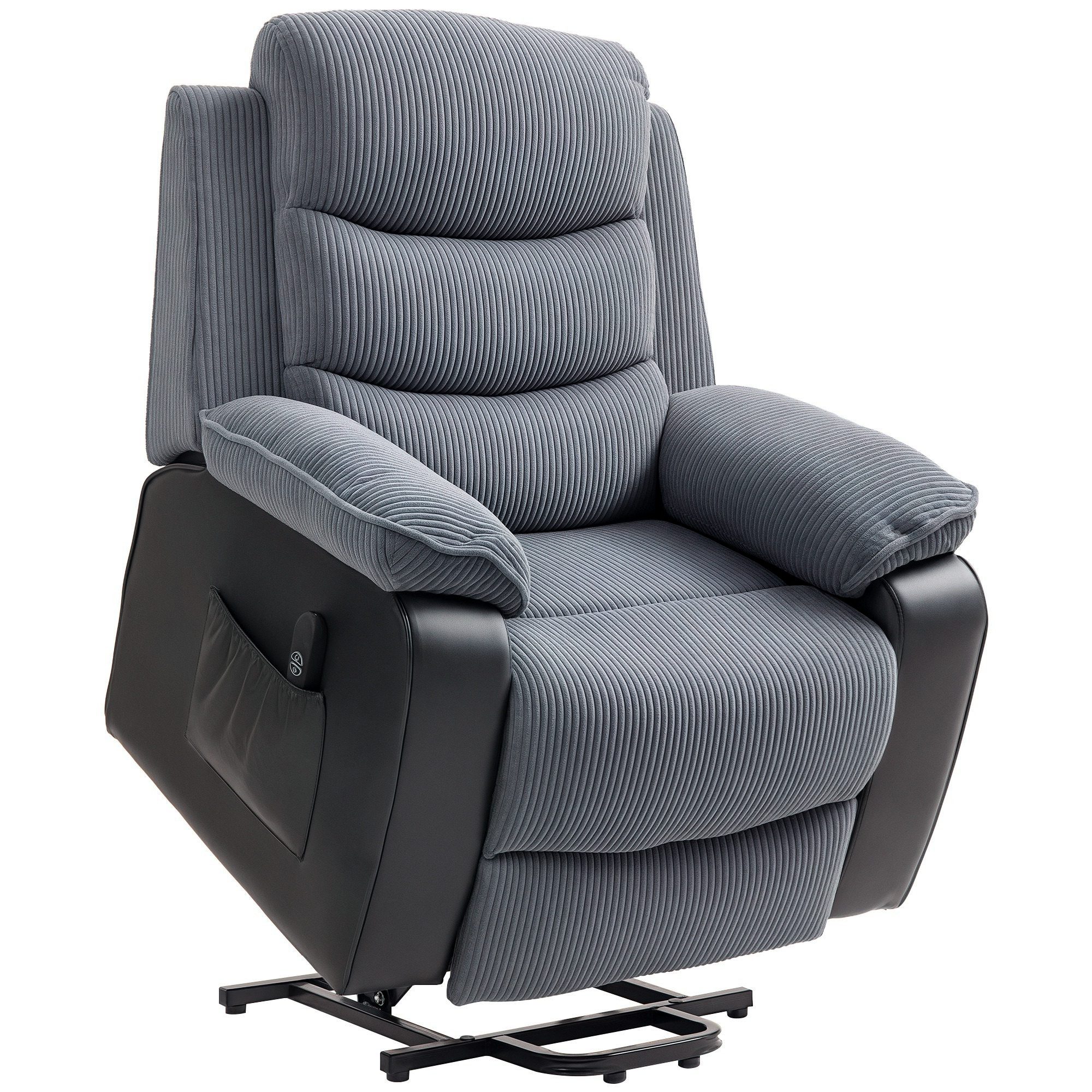 HOMCOM Relaxsessel mit Aufstehhilfe, Liegefunktion, Taschenfederkern (Kord, 1-St., TV-Sessel), mit Fußstütze, Seitentasche und Fernbedienung, Dunkelgrau