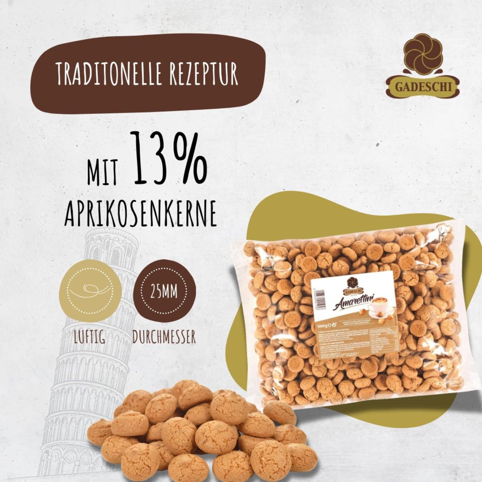 Gadeschi Kekse Gadeschi Amarettini 1kg, Italienische Kekse mit Aprikosenkernen 13%, 1 x (Italienisches Gebäck: Ideal zu Kaffee, Tee oder als Dekoration)