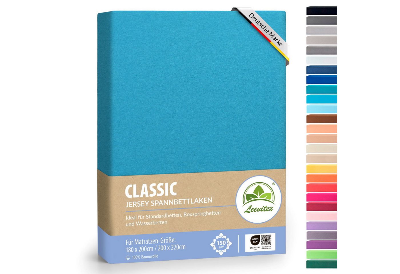 leevitex® Spannbettlaken 180x200 - 200x220 cm, 40 cm Steghöhe, Stoffdicke 150 g/m², Jersey, Gummizug: rundum, (1 Stück), OEKO-TEX® Standard 100 Zertifikatsnummer 10.HTR.85321 zertifiziert