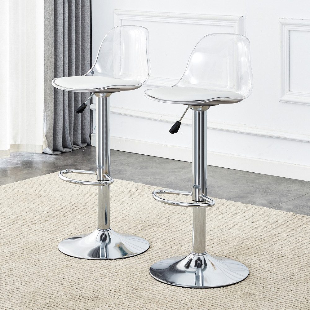 BBWL Barhocker 2er Set 360° drehbar mit transparenter Rückenlehne Metall, verstellbar 82–104 cm moderner Küchen- und Bartresenstuhl