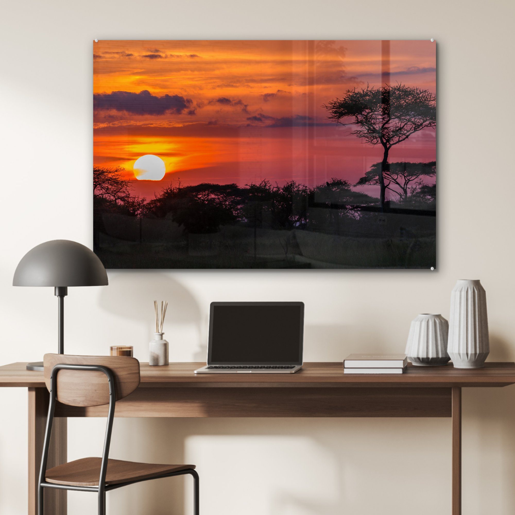 MuchoWow Acrylglasbild Blick auf Acrylglasbilder in Schlafzimmer Serengeti-Nationalpark den & im St), Sonnenuntergang Tansania, (1 Wohnzimmer